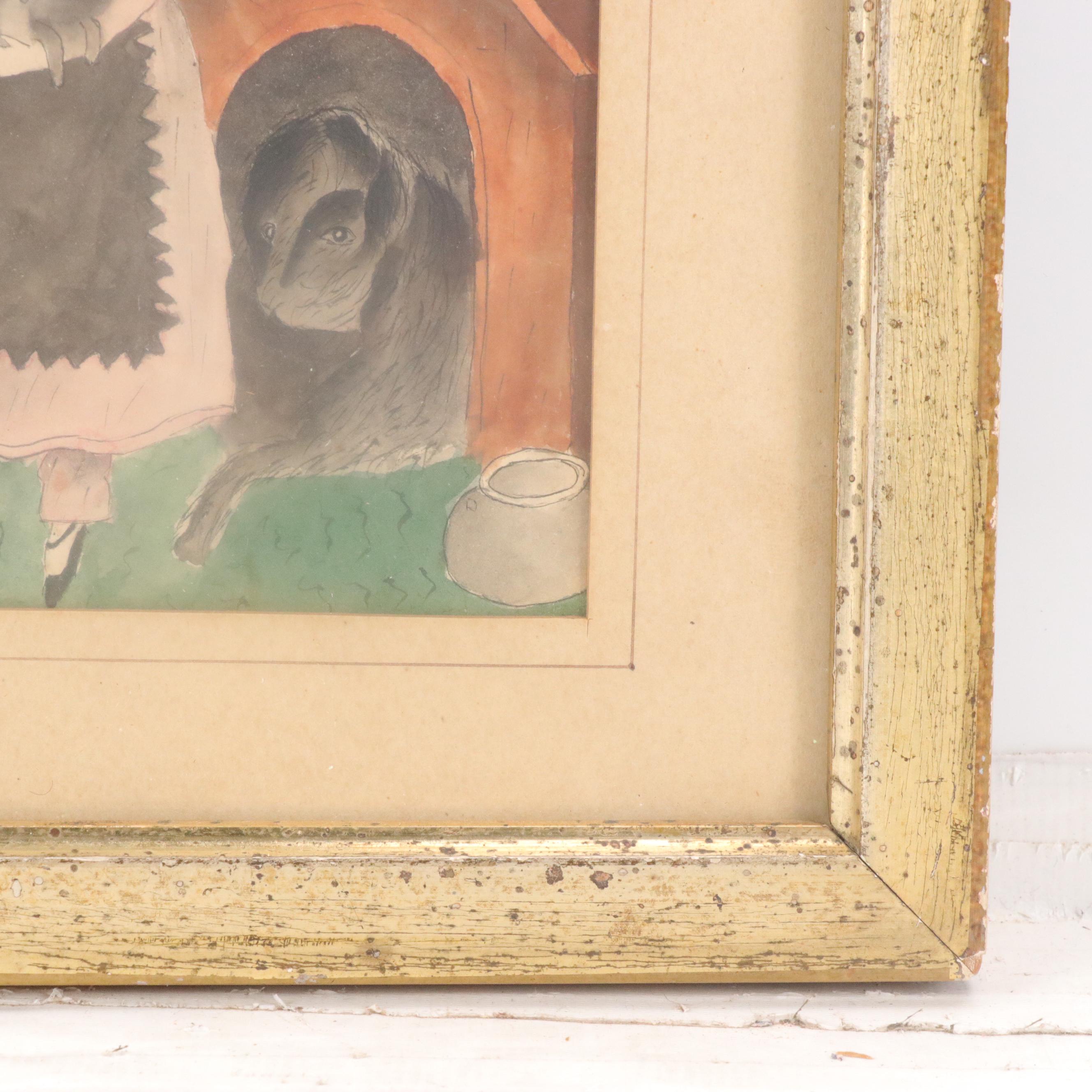 American Folk Art Genre Scene Watercolor Painting