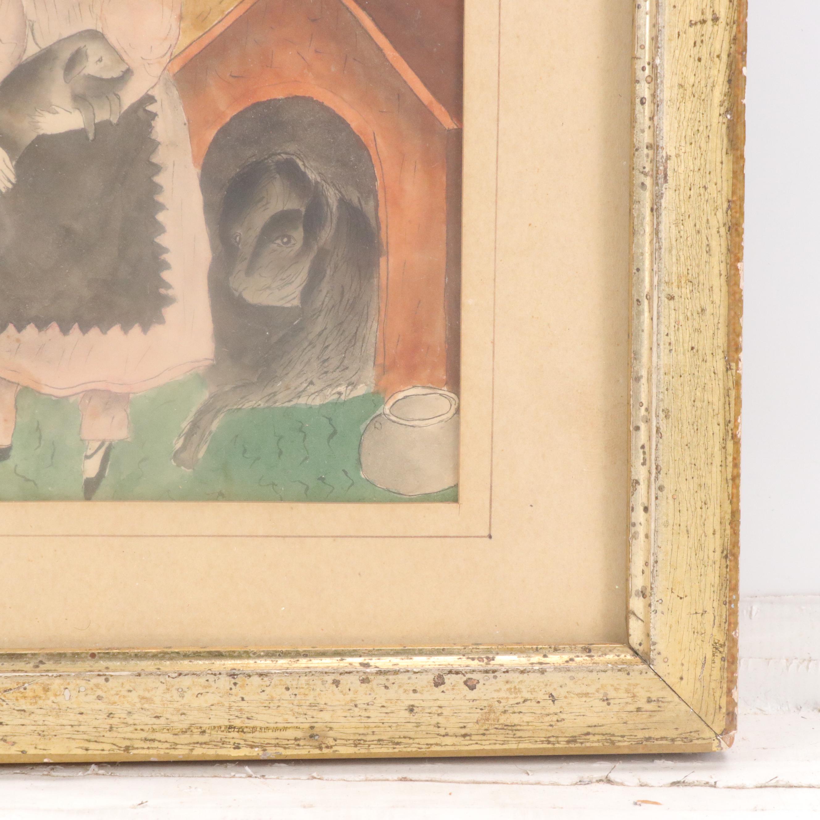 American Folk Art Genre Scene Watercolor Painting