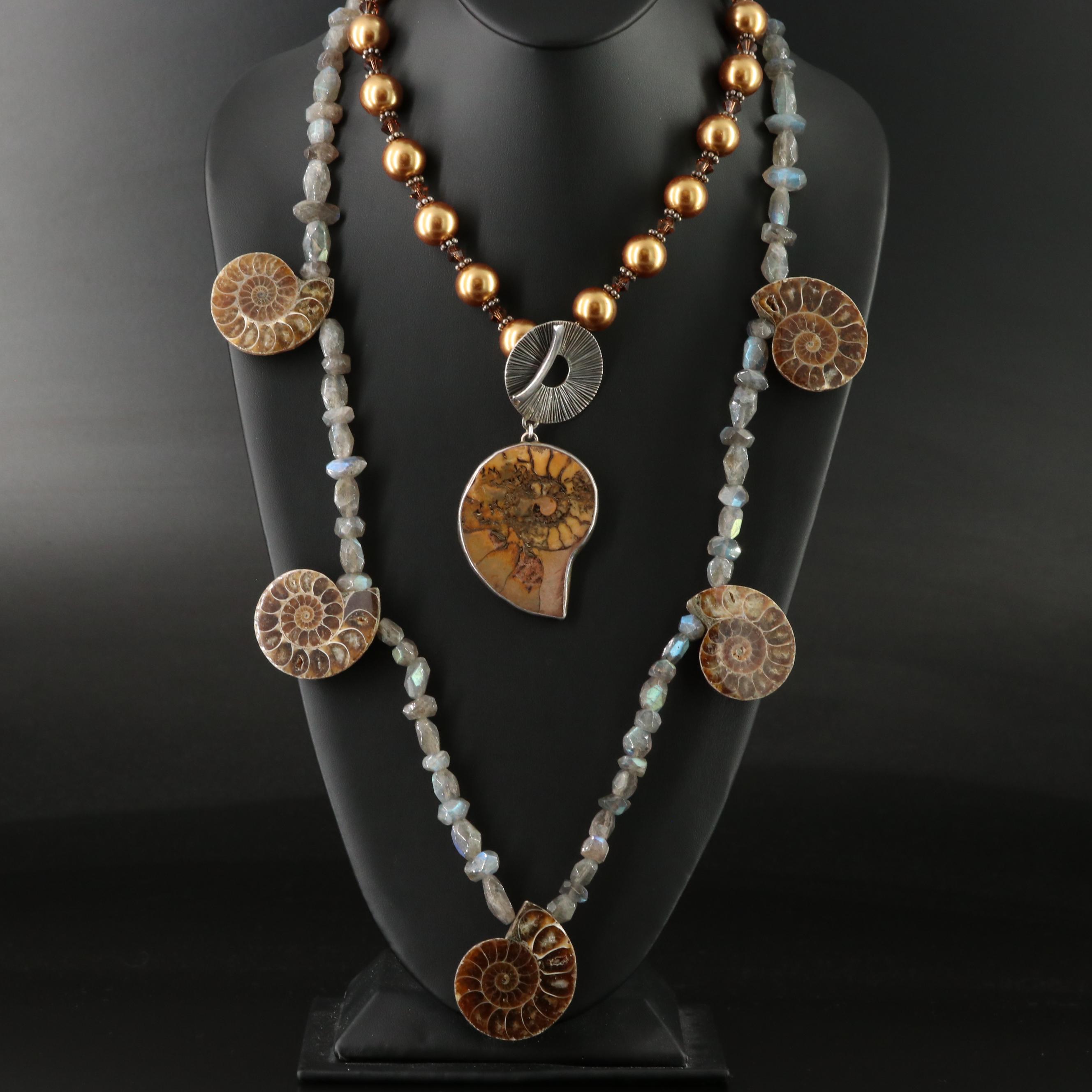Ammonite, Labradorite and Saki Sterling Featured in Necklace Pairing