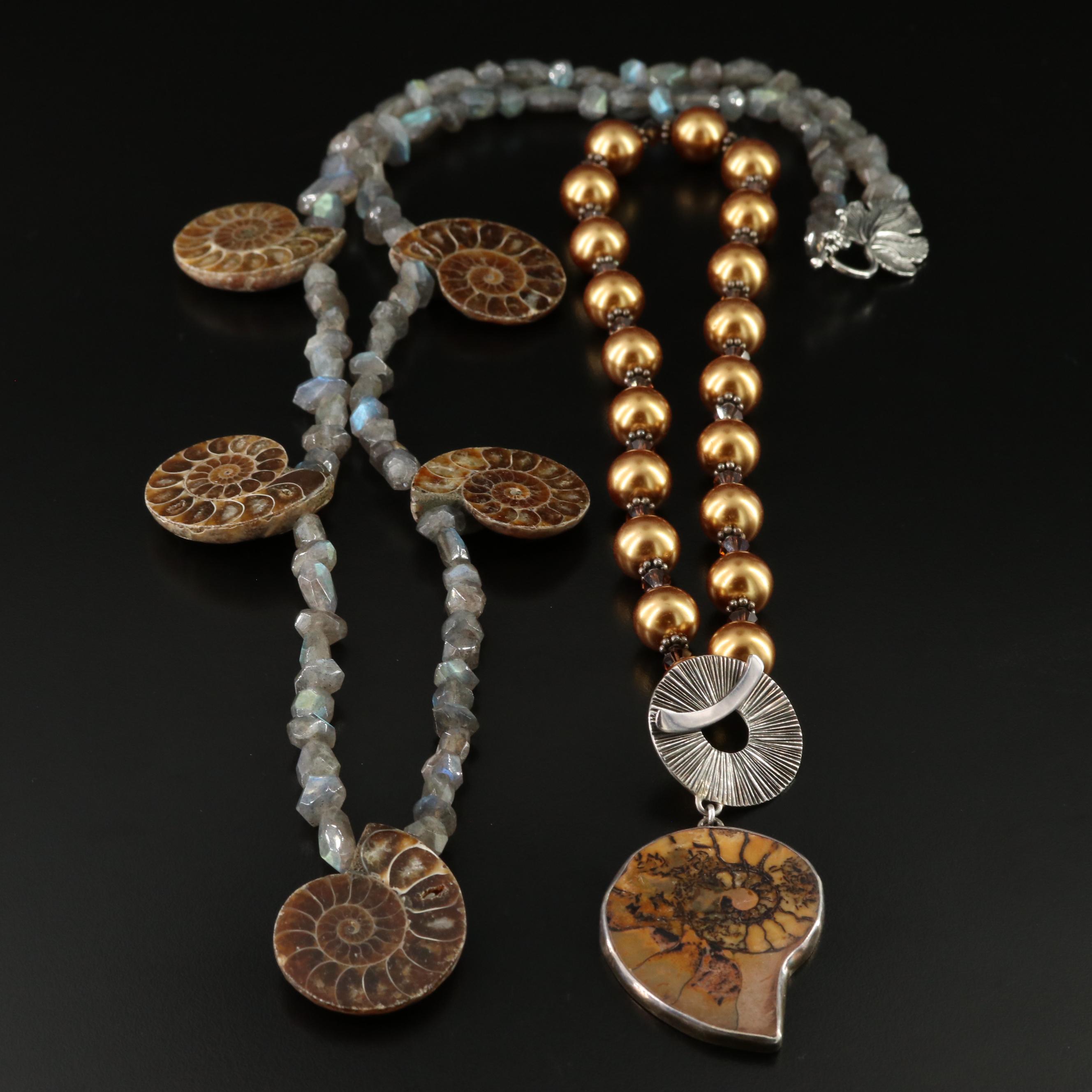 Ammonite, Labradorite and Saki Sterling Featured in Necklace Pairing