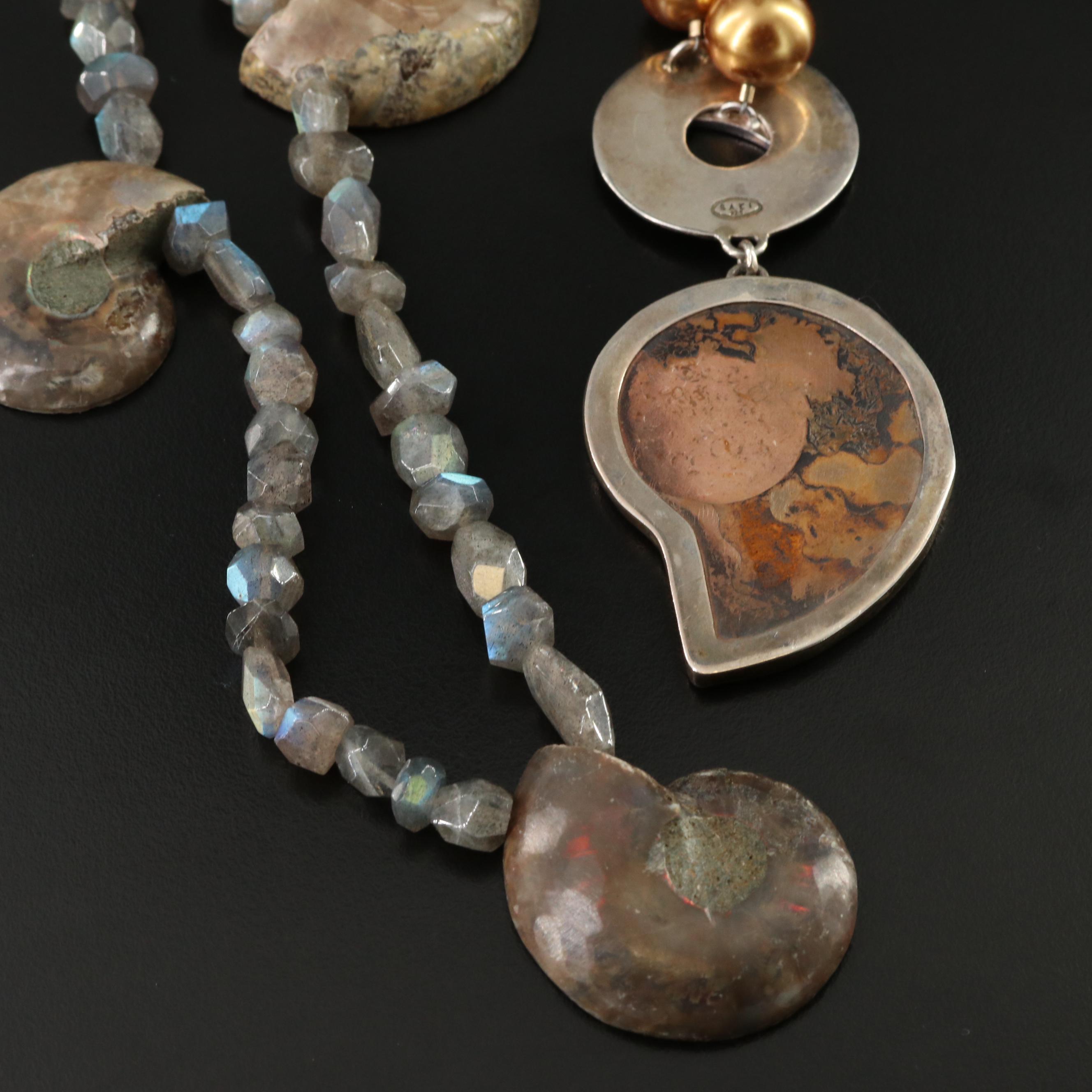 Ammonite, Labradorite and Saki Sterling Featured in Necklace Pairing
