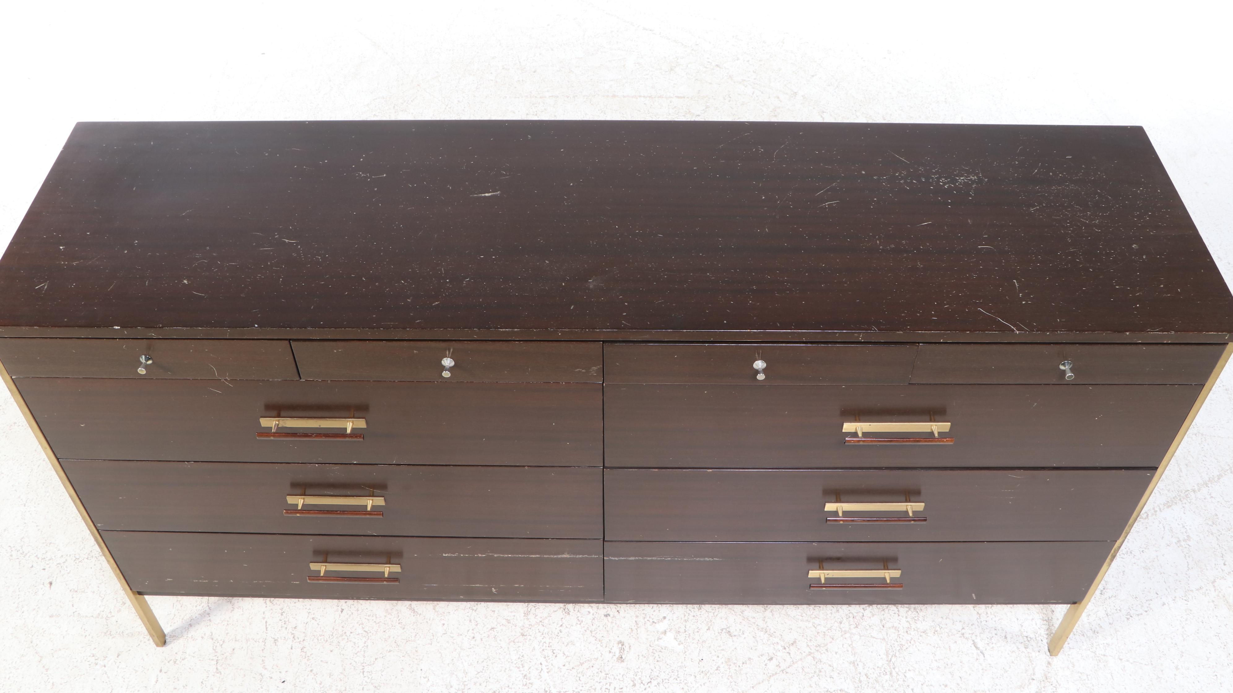 Paul McCobb for Calvin Mid Century Modern Walnut and Brass Ten-Drawer Chest