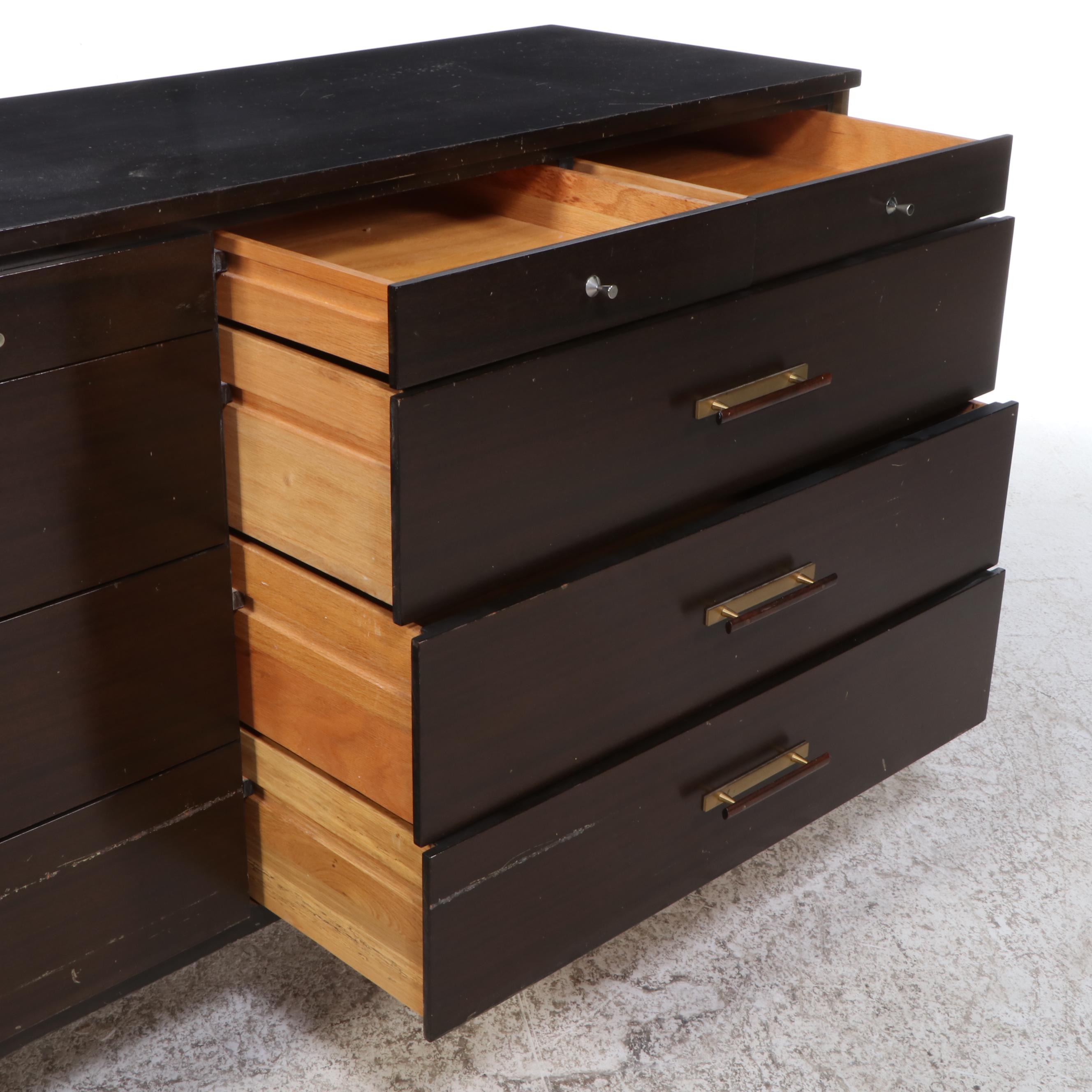 Paul McCobb for Calvin Mid Century Modern Walnut and Brass Ten-Drawer Chest