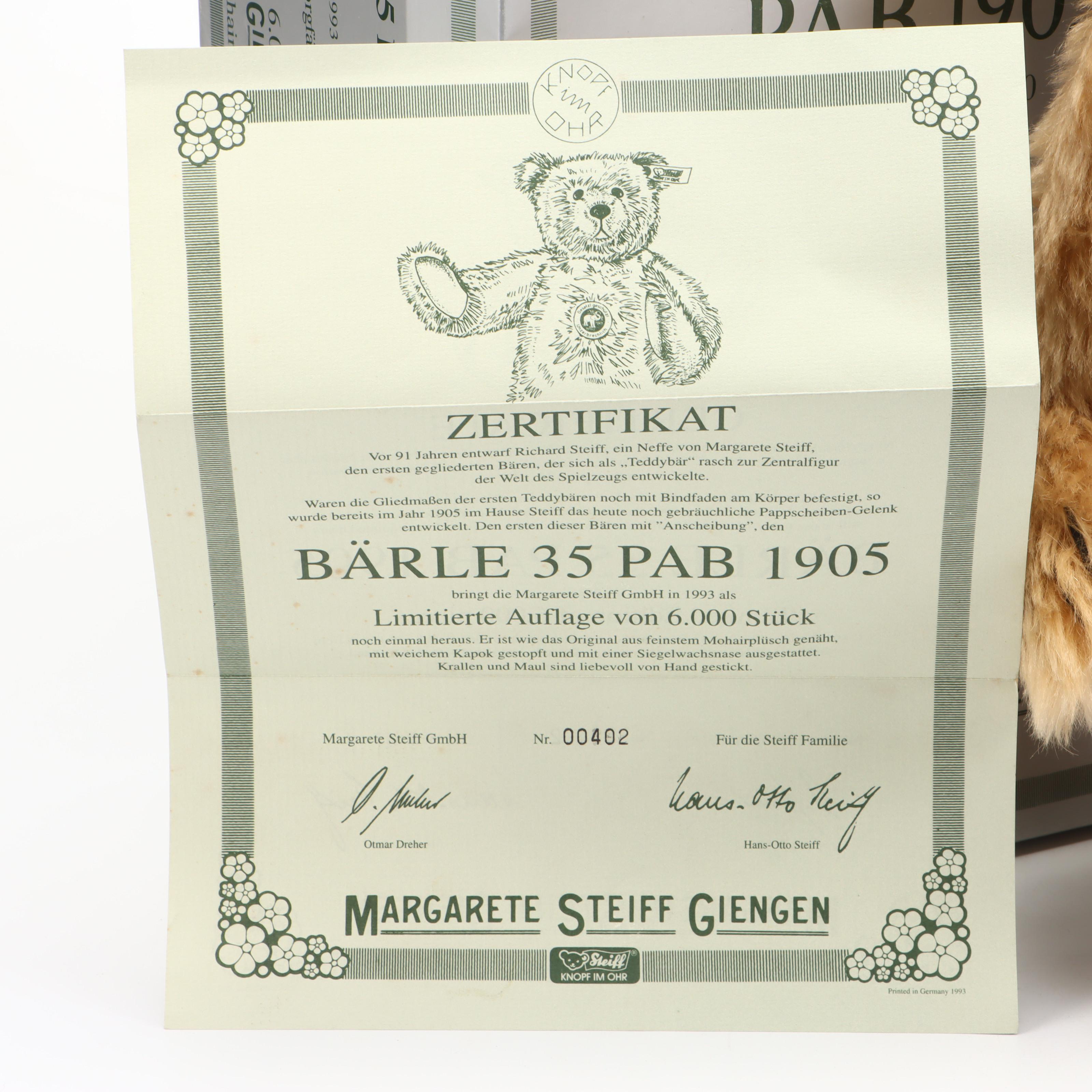 Steiff Limited Edition "Bärle 35 Pab 1905" Replica Mohair Teddy Bear