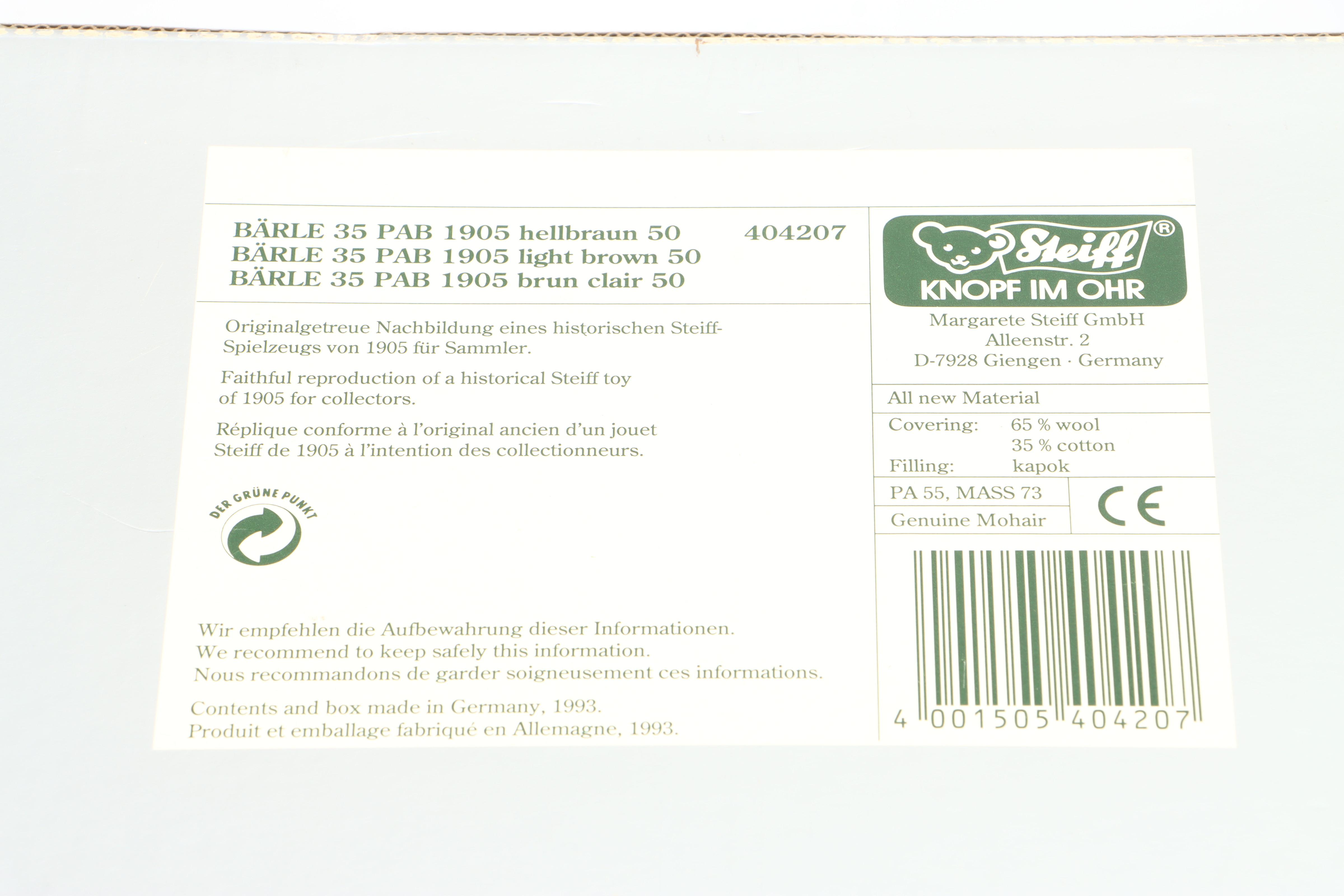 Steiff Limited Edition "Bärle 35 Pab 1905" Replica Mohair Teddy Bear