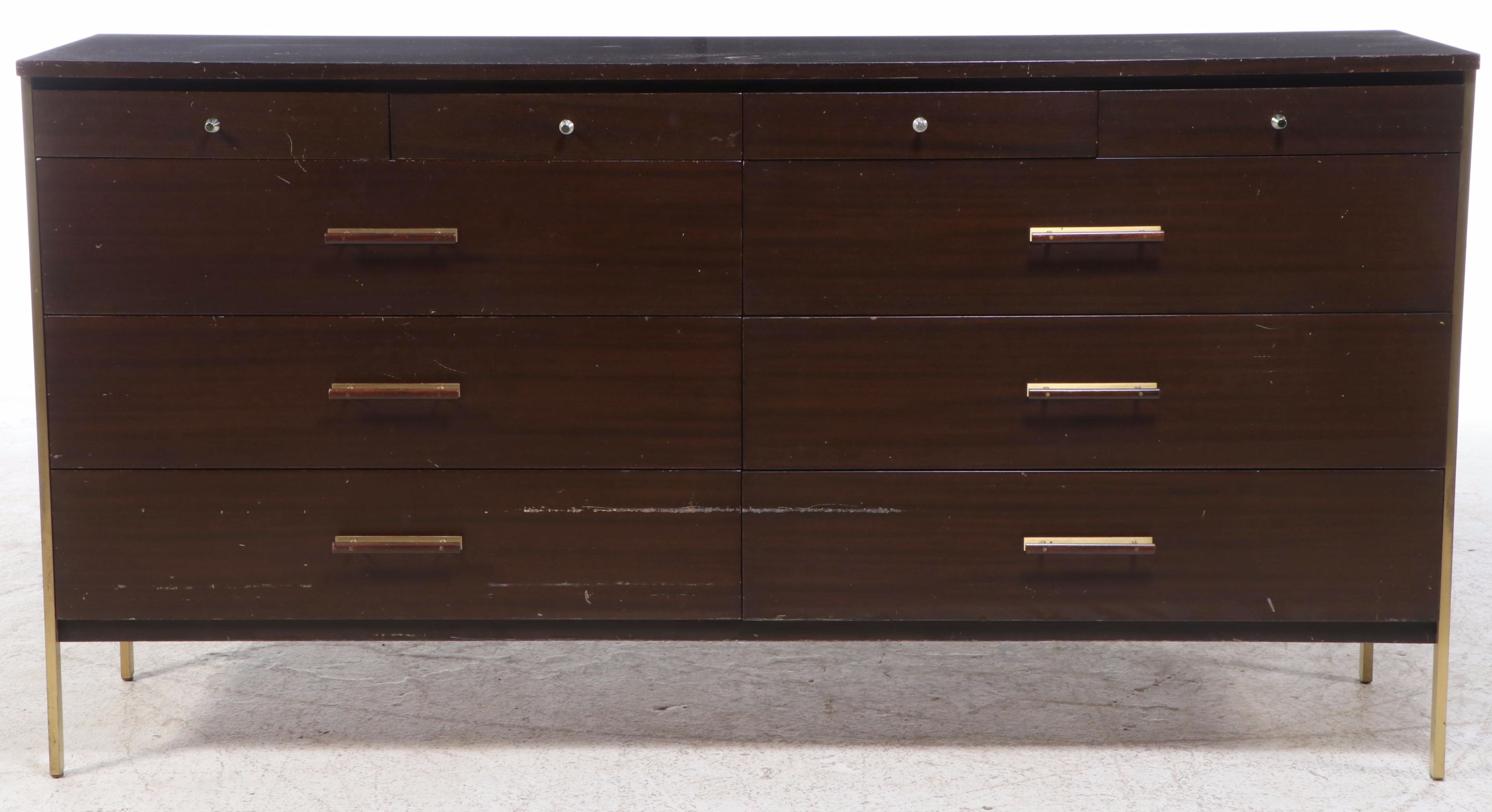 Paul McCobb for Calvin Mid Century Modern Walnut and Brass Ten-Drawer Chest