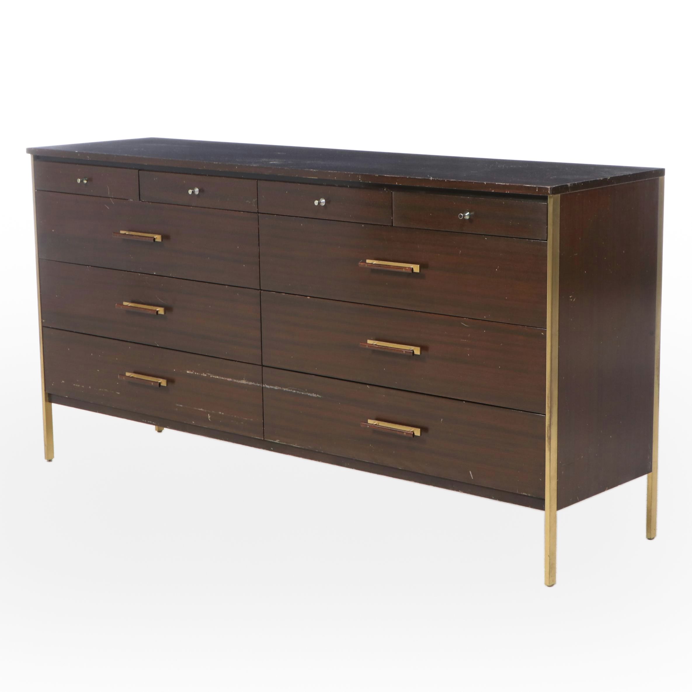 Paul McCobb for Calvin Mid Century Modern Walnut and Brass Ten-Drawer Chest