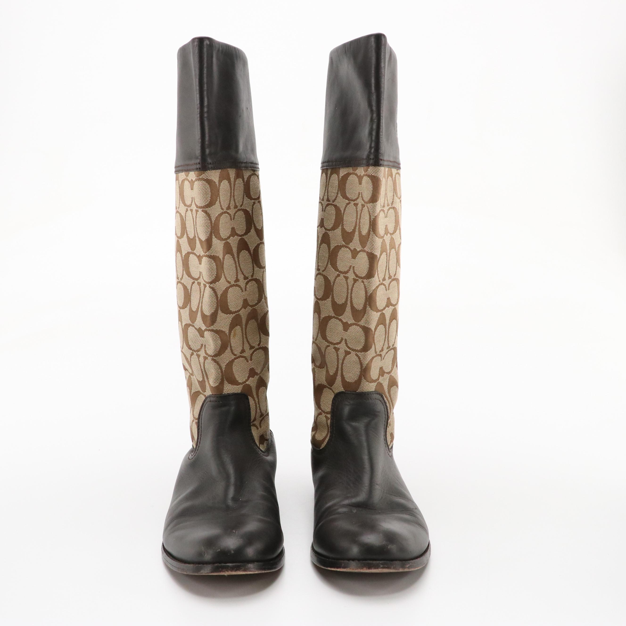 Coach Chrissi Riding Boots in Signature Canvas and Brown Leather