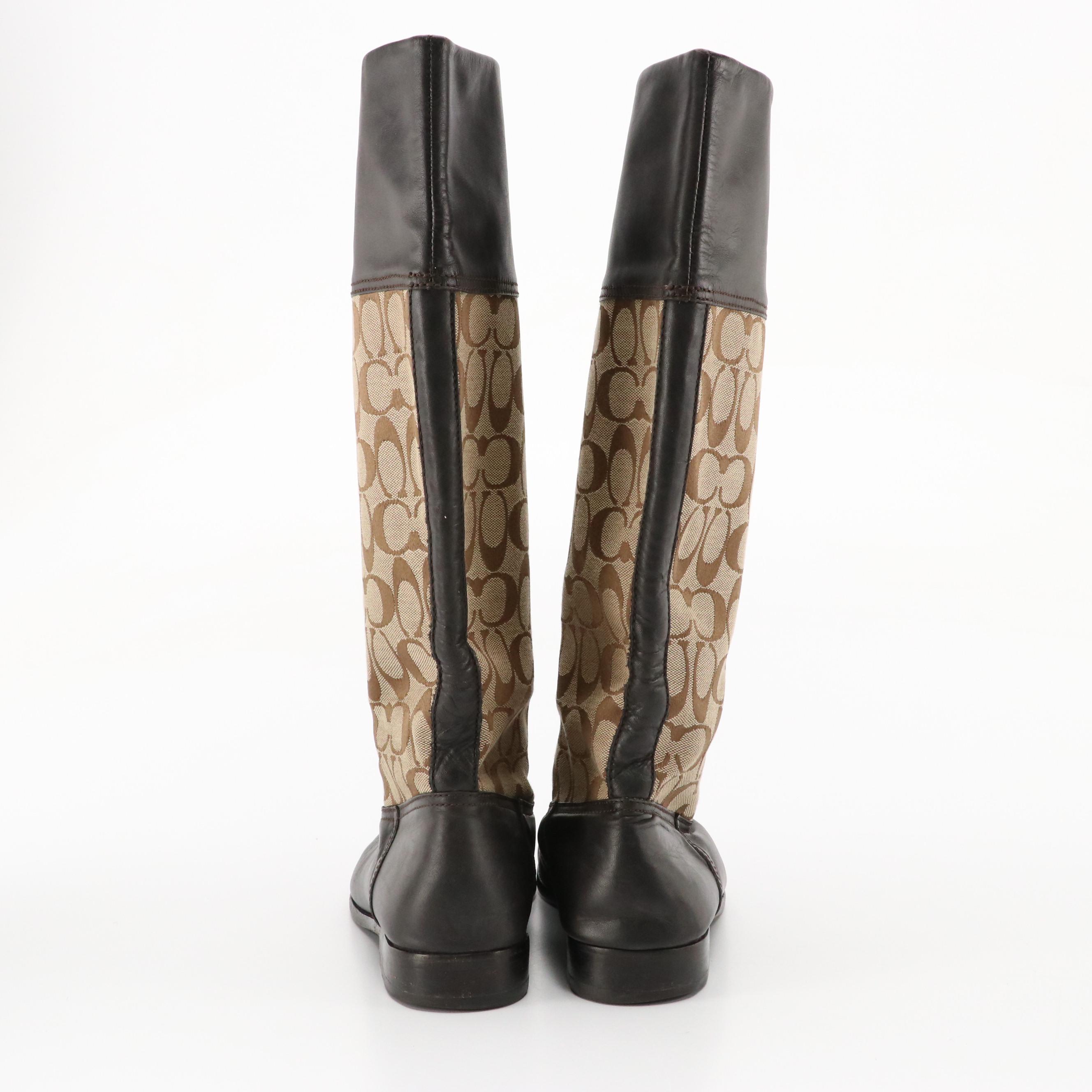 Coach Chrissi Riding Boots in Signature Canvas and Brown Leather