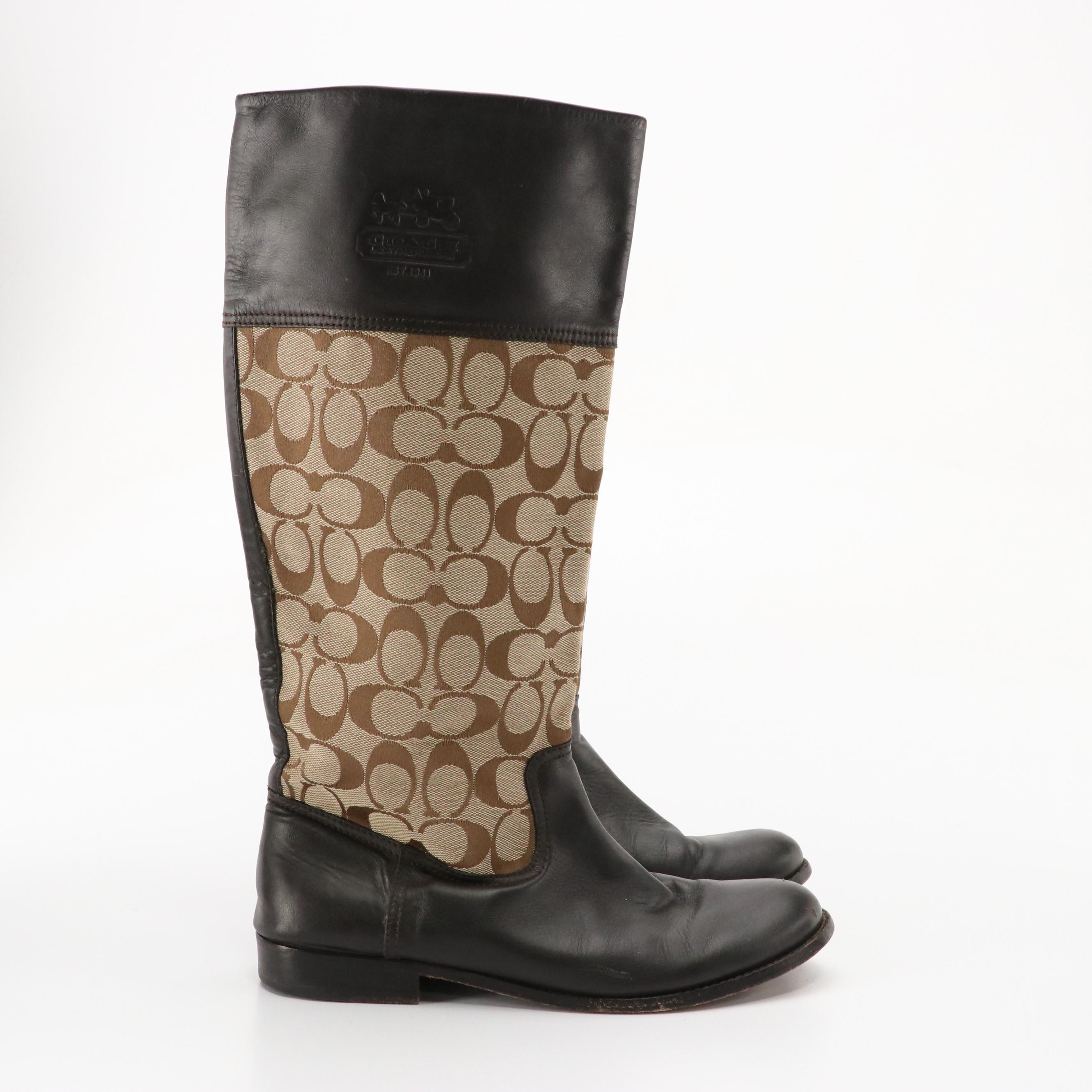 Coach Chrissi Riding Boots in Signature Canvas and Brown Leather