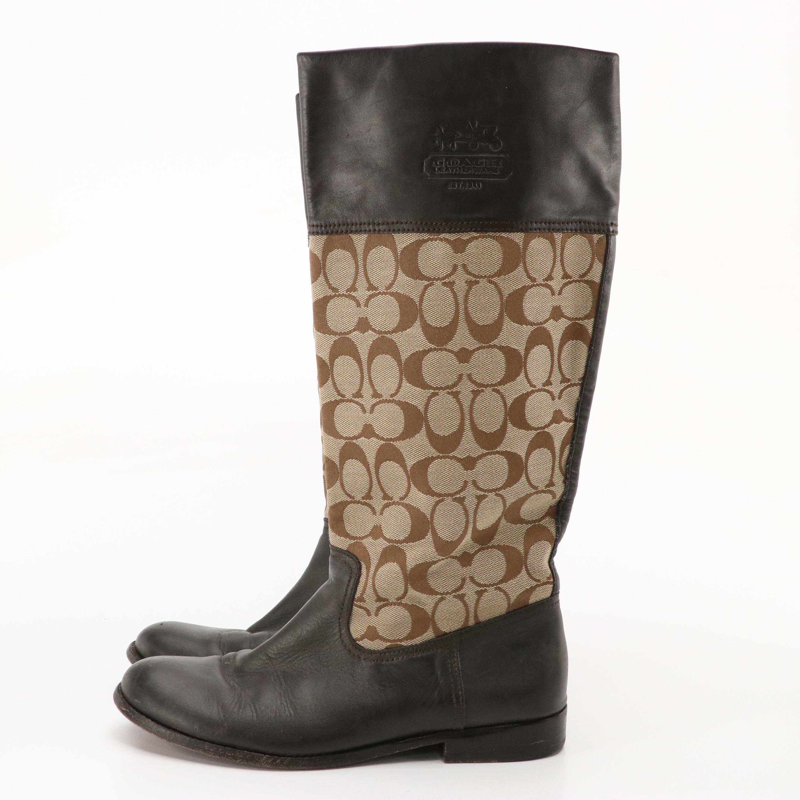 Coach Chrissi Riding Boots in Signature Canvas and Brown Leather
