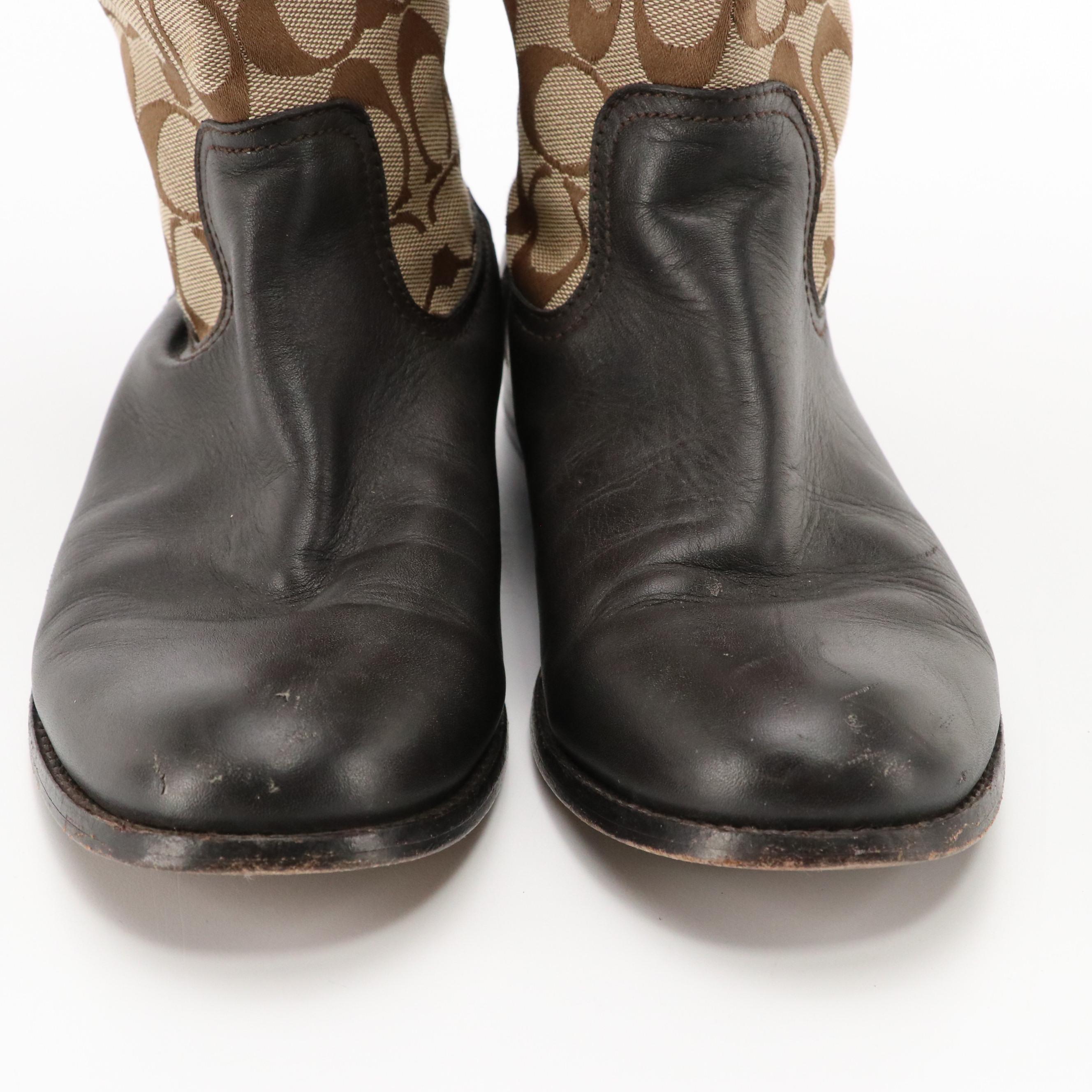 Coach Chrissi Riding Boots in Signature Canvas and Brown Leather