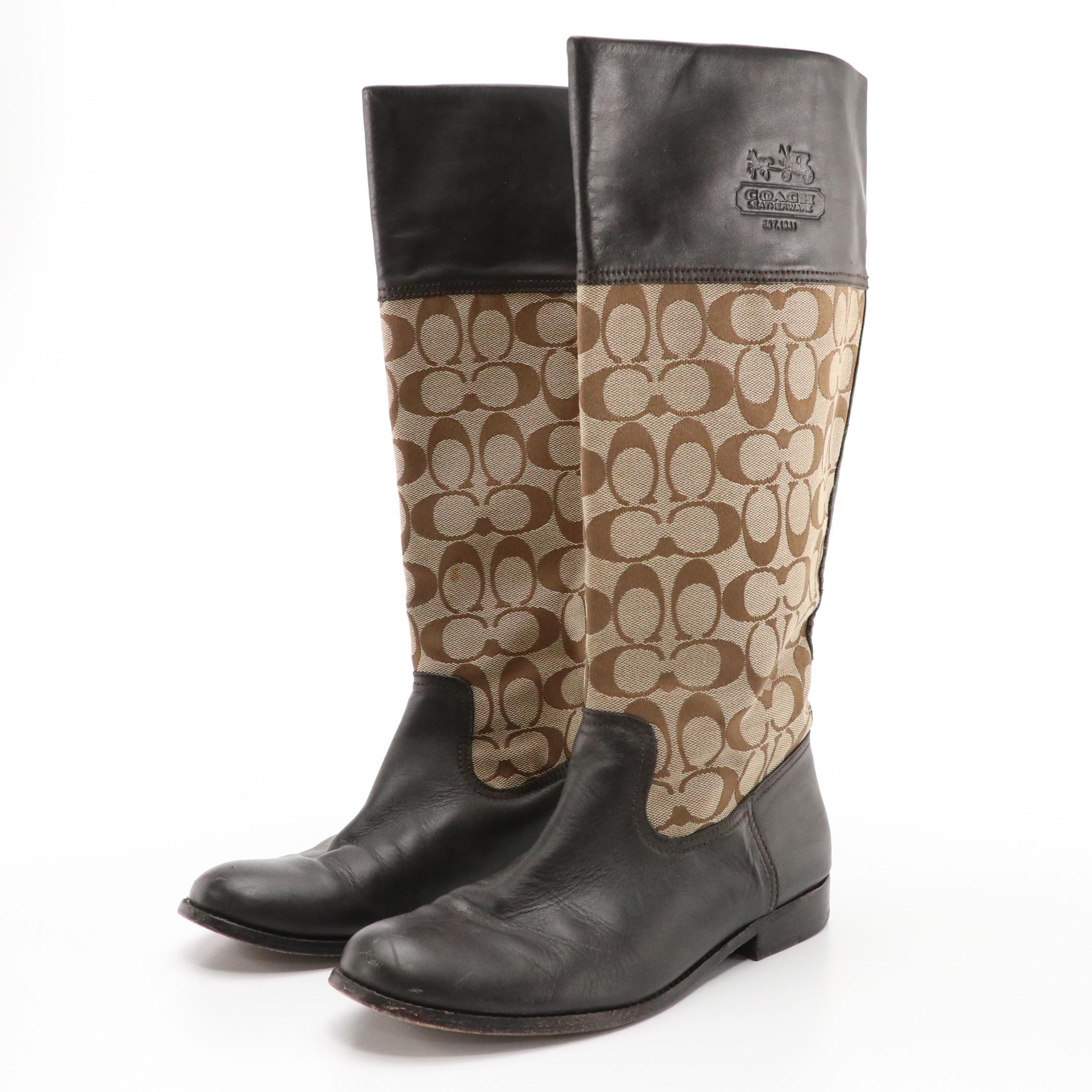 Coach Chrissi Riding Boots in Signature Canvas and Brown Leather