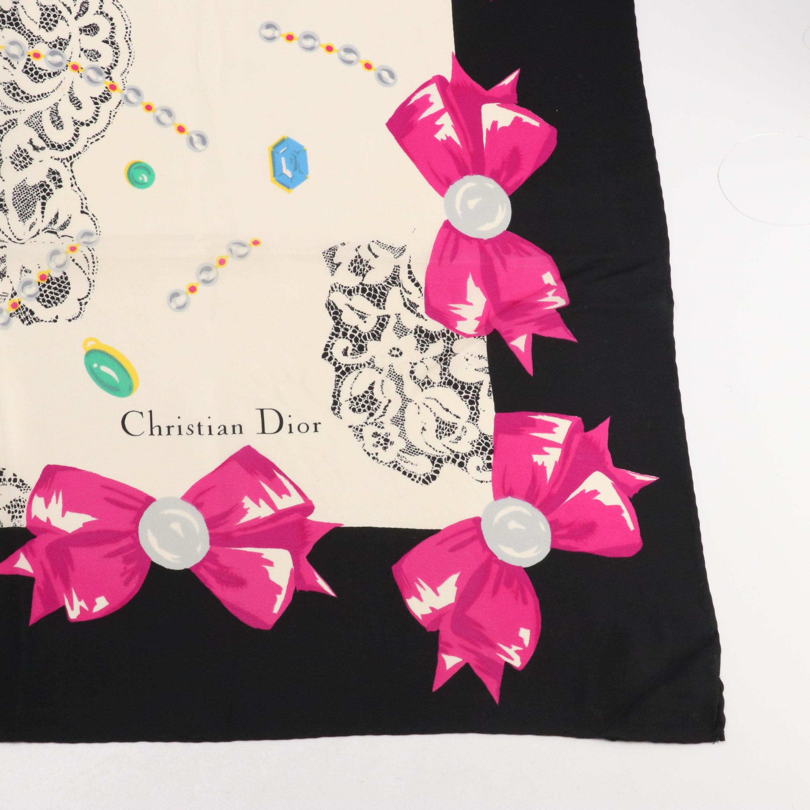Christian Dior Bow, Lace and Jewel Printed Scarf in Silk