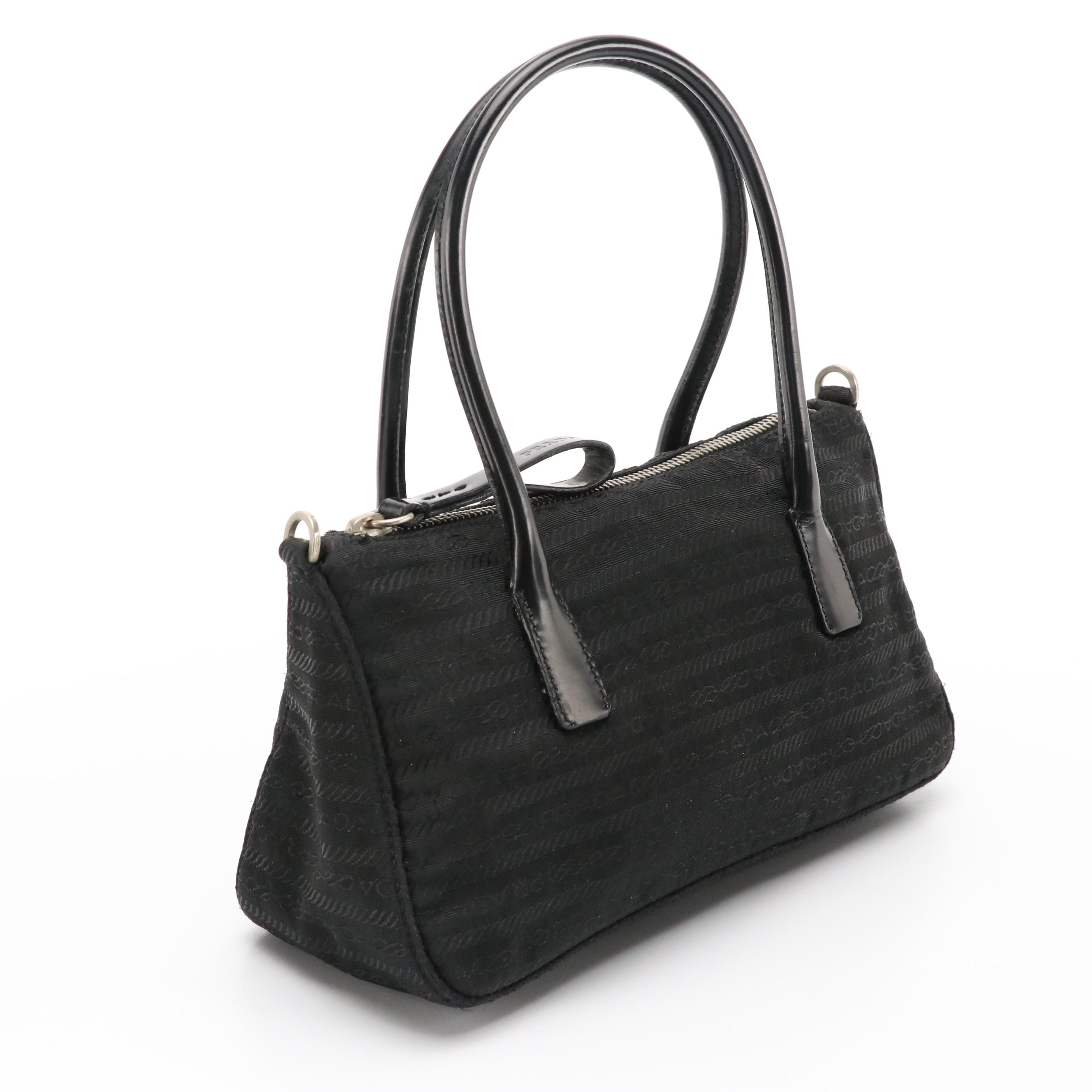 Prada Mini Handbag in Signature Logo Jacquard with Leather Trim