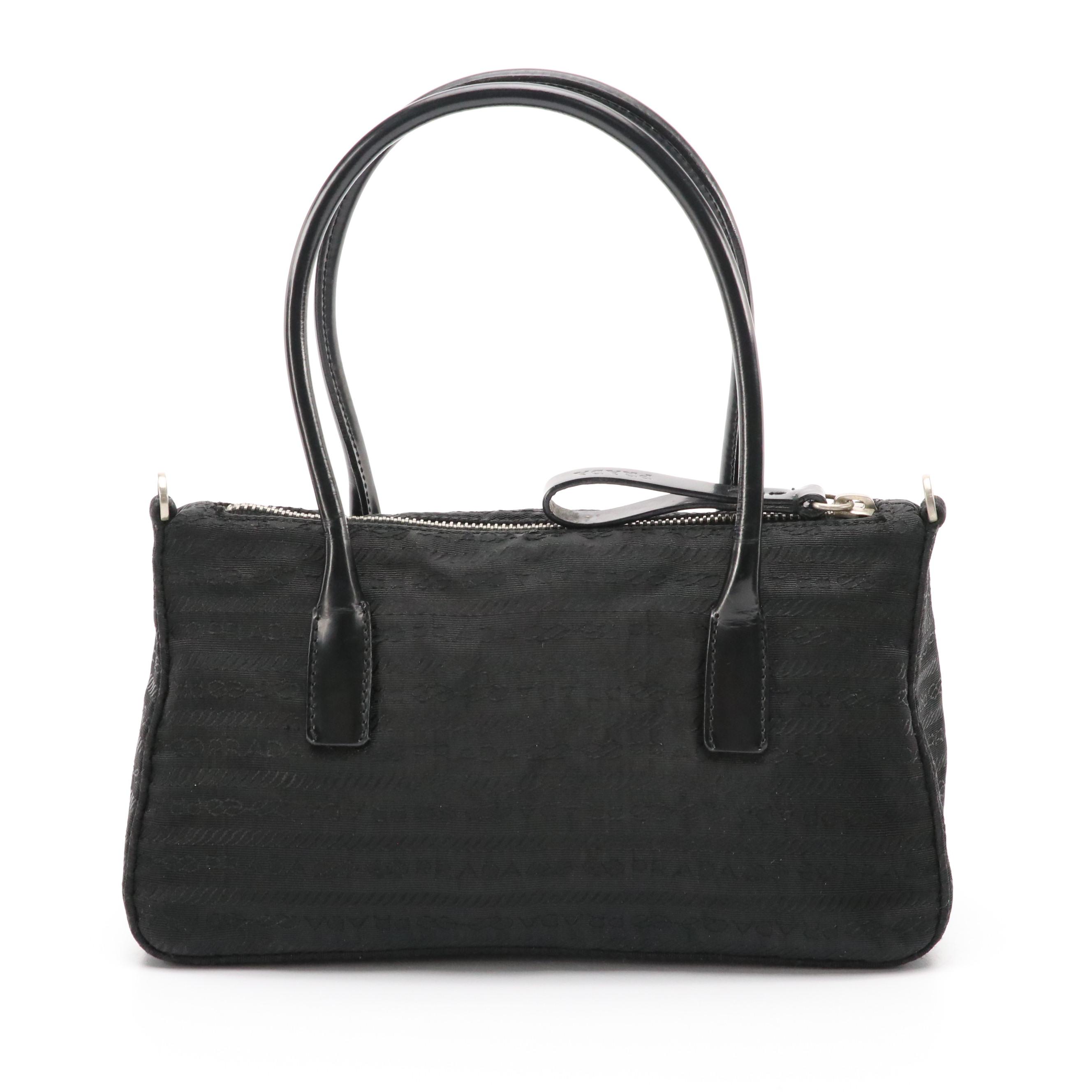 Prada Mini Handbag in Signature Logo Jacquard with Leather Trim