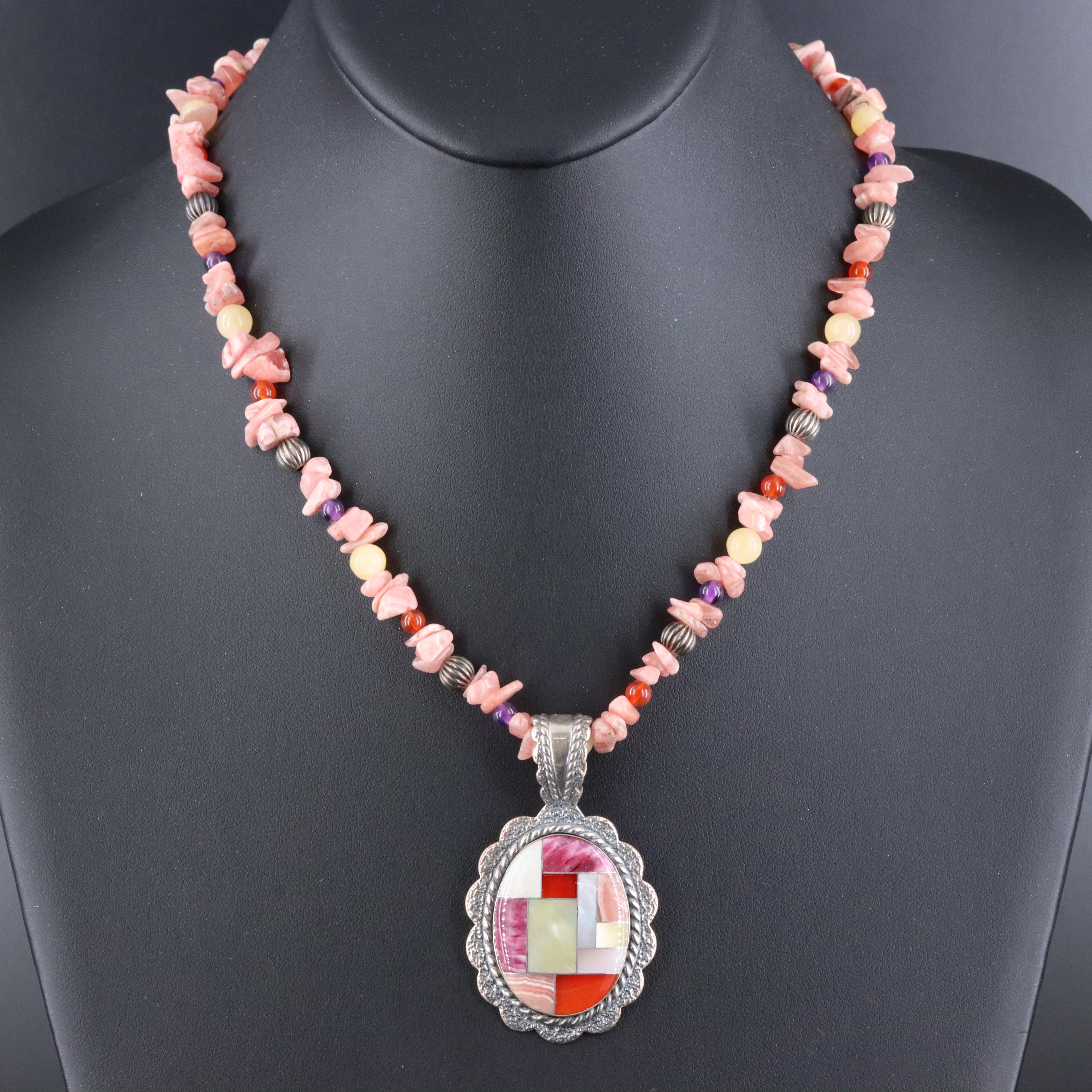 Relios Sterling, Rhodocrosite and Mother-of-Pearl Inlay Pendant Necklace