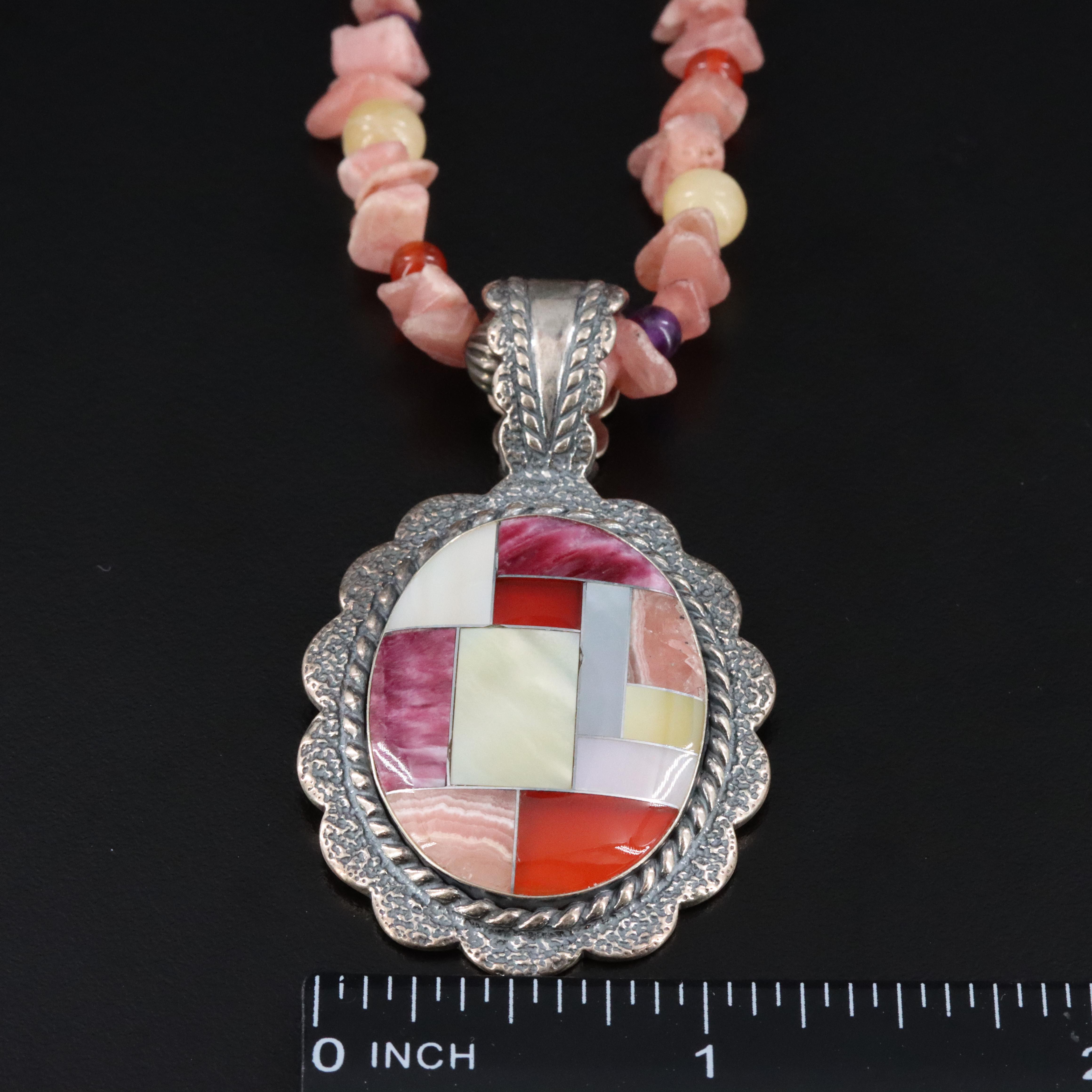 Relios Sterling, Rhodocrosite and Mother-of-Pearl Inlay Pendant Necklace