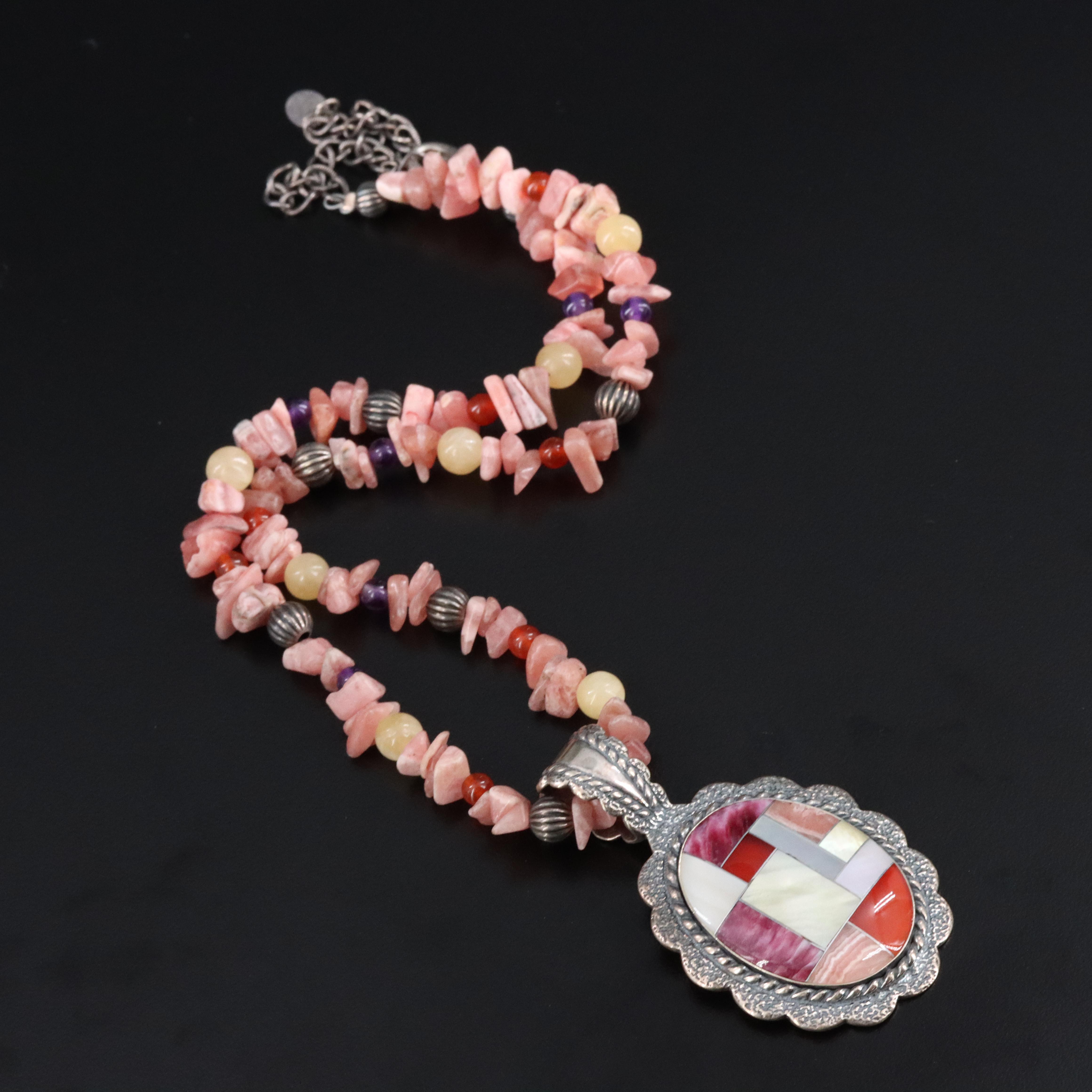Relios Sterling, Rhodocrosite and Mother-of-Pearl Inlay Pendant Necklace