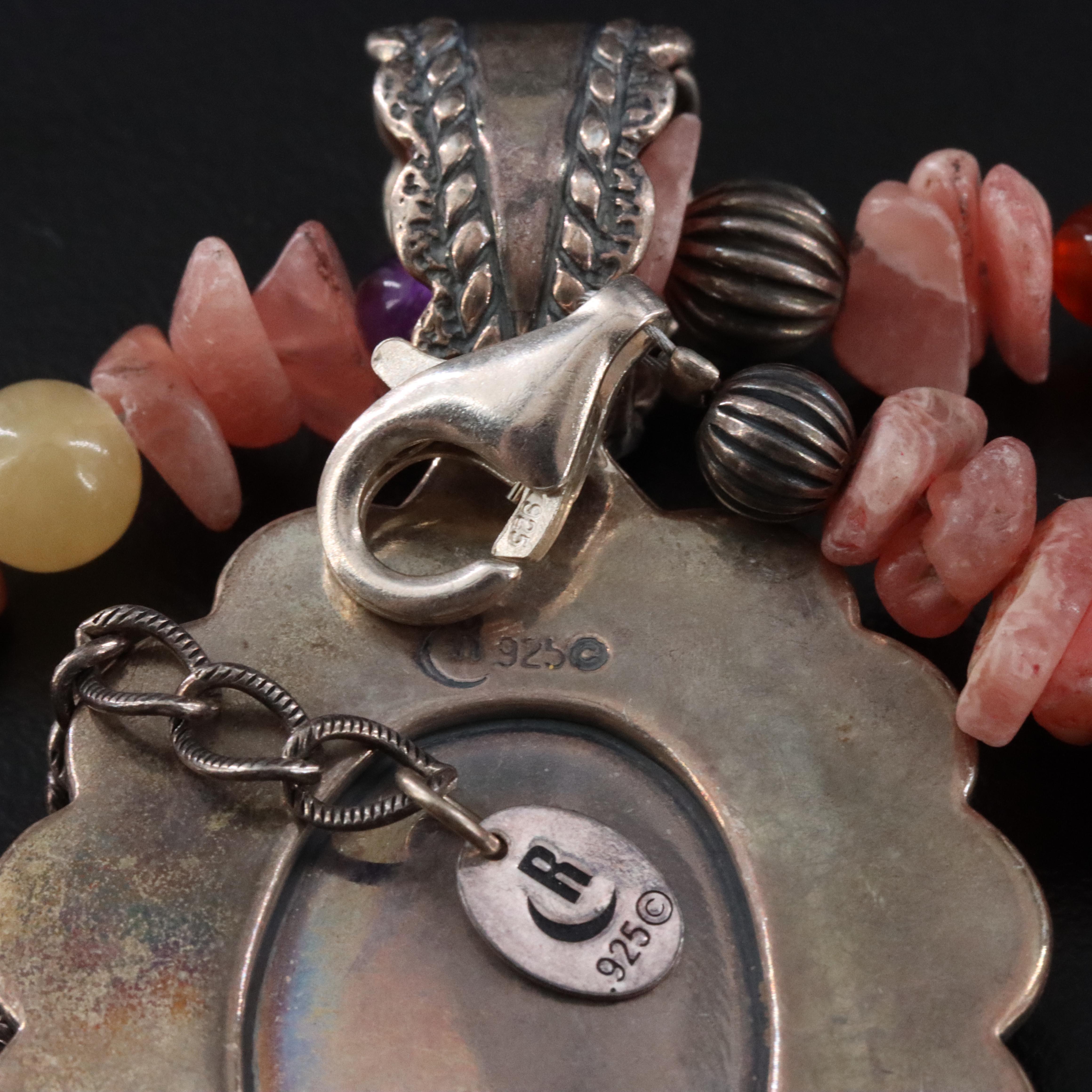 Relios Sterling, Rhodocrosite and Mother-of-Pearl Inlay Pendant Necklace