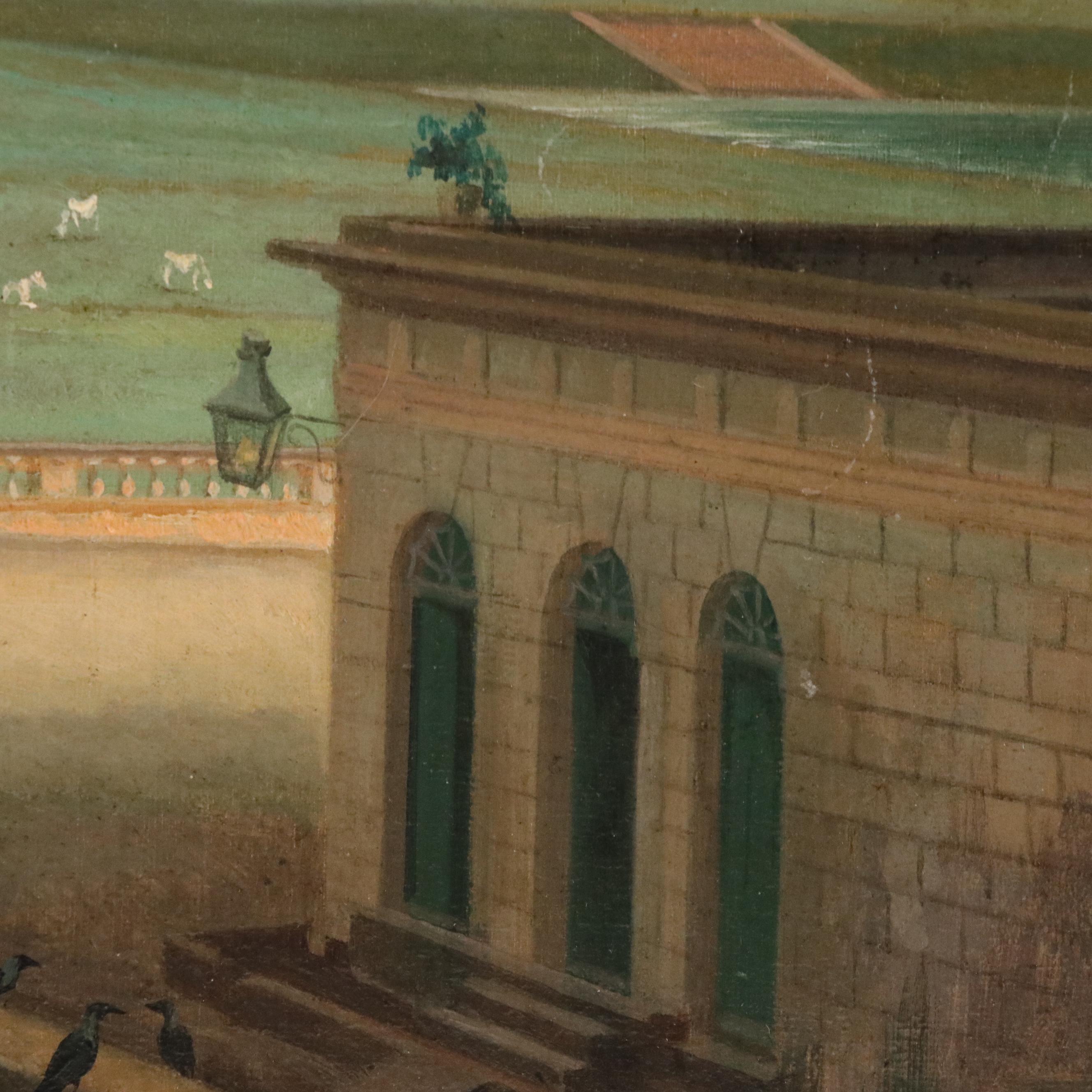 Cityscape Oil Painting "India Near Colombo," Early 20th Century