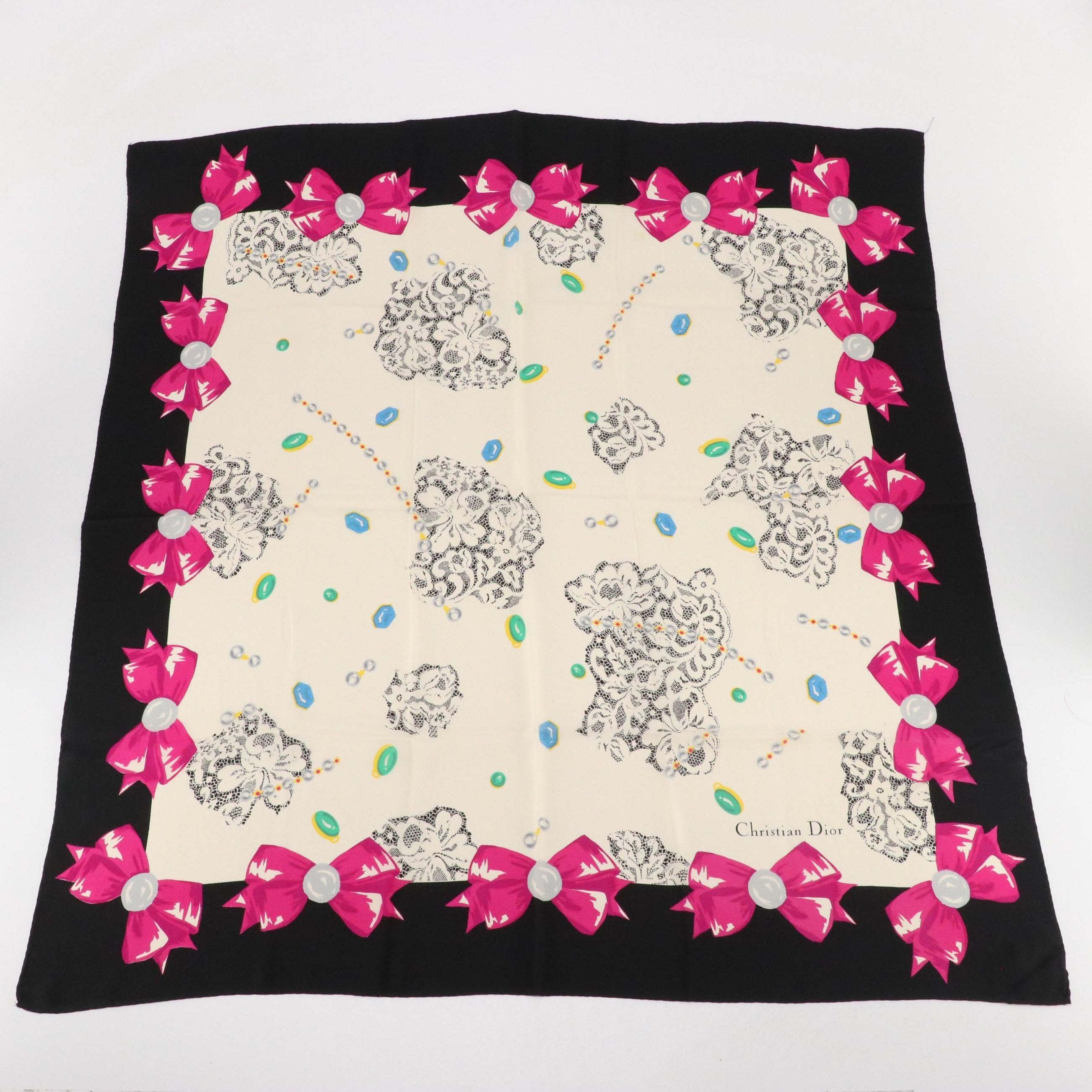 Christian Dior Bow, Lace and Jewel Printed Scarf in Silk