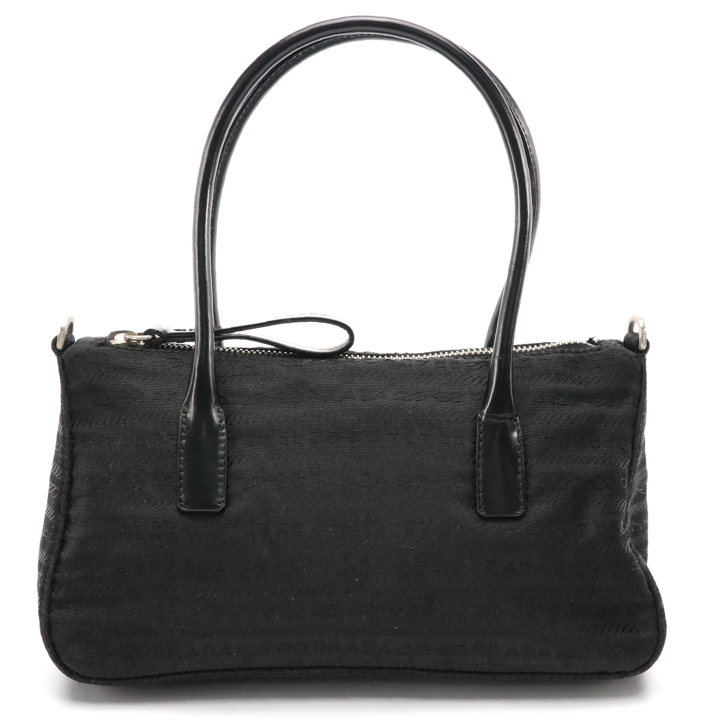 Prada Mini Handbag in Signature Logo Jacquard with Leather Trim