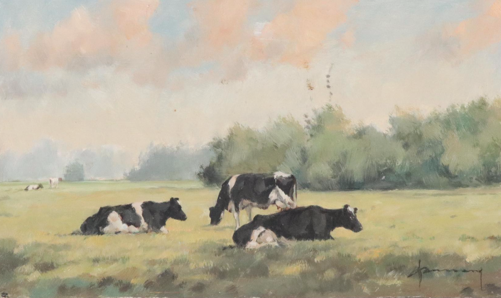 Jef Janssens Pasture Landscape with Cows Miniature Oil Painting
