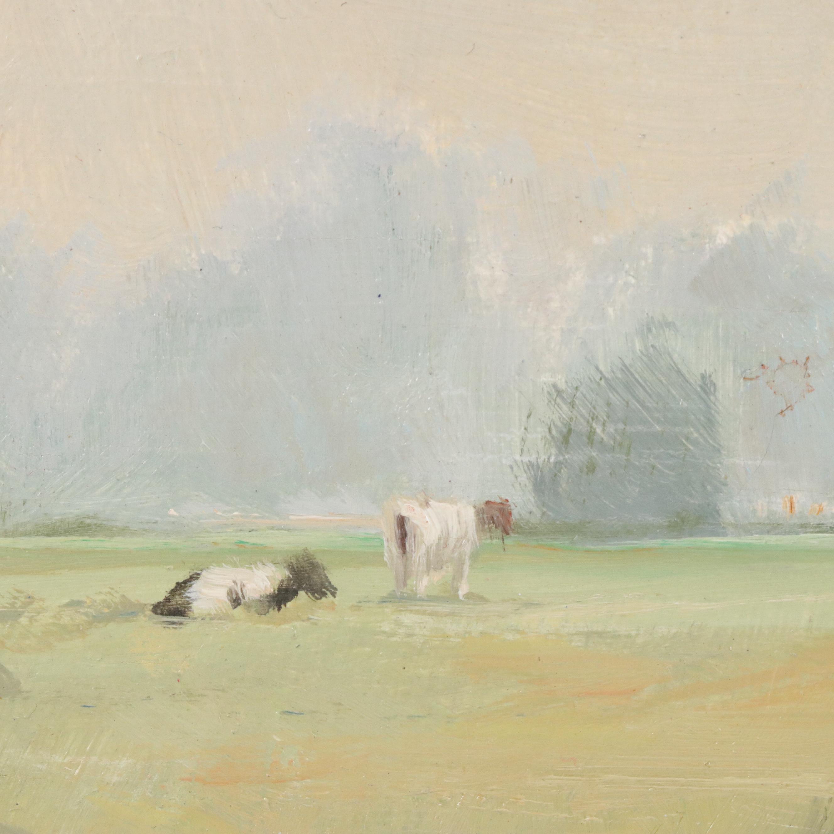 Jef Janssens Pasture Landscape with Cows Miniature Oil Painting