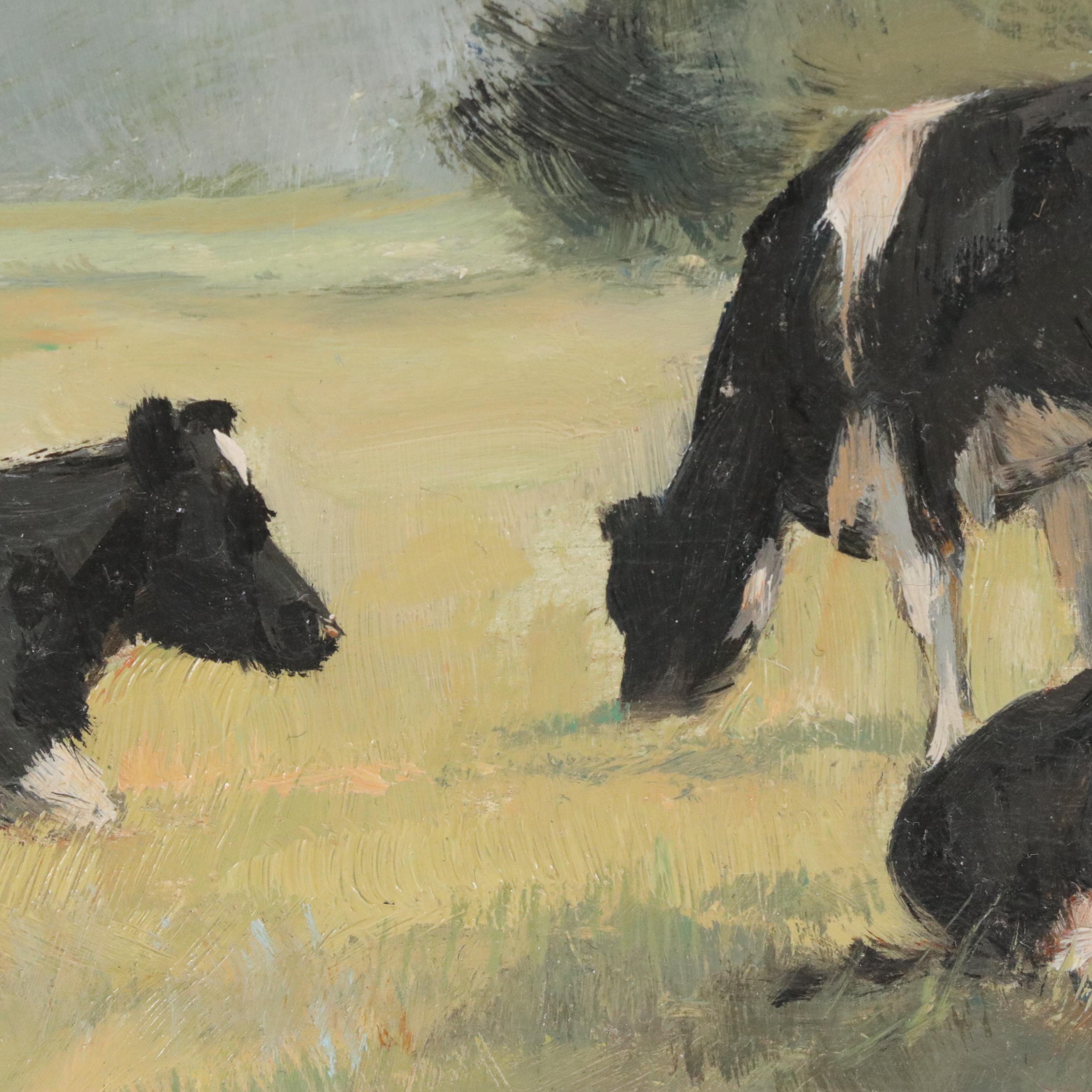 Jef Janssens Pasture Landscape with Cows Miniature Oil Painting