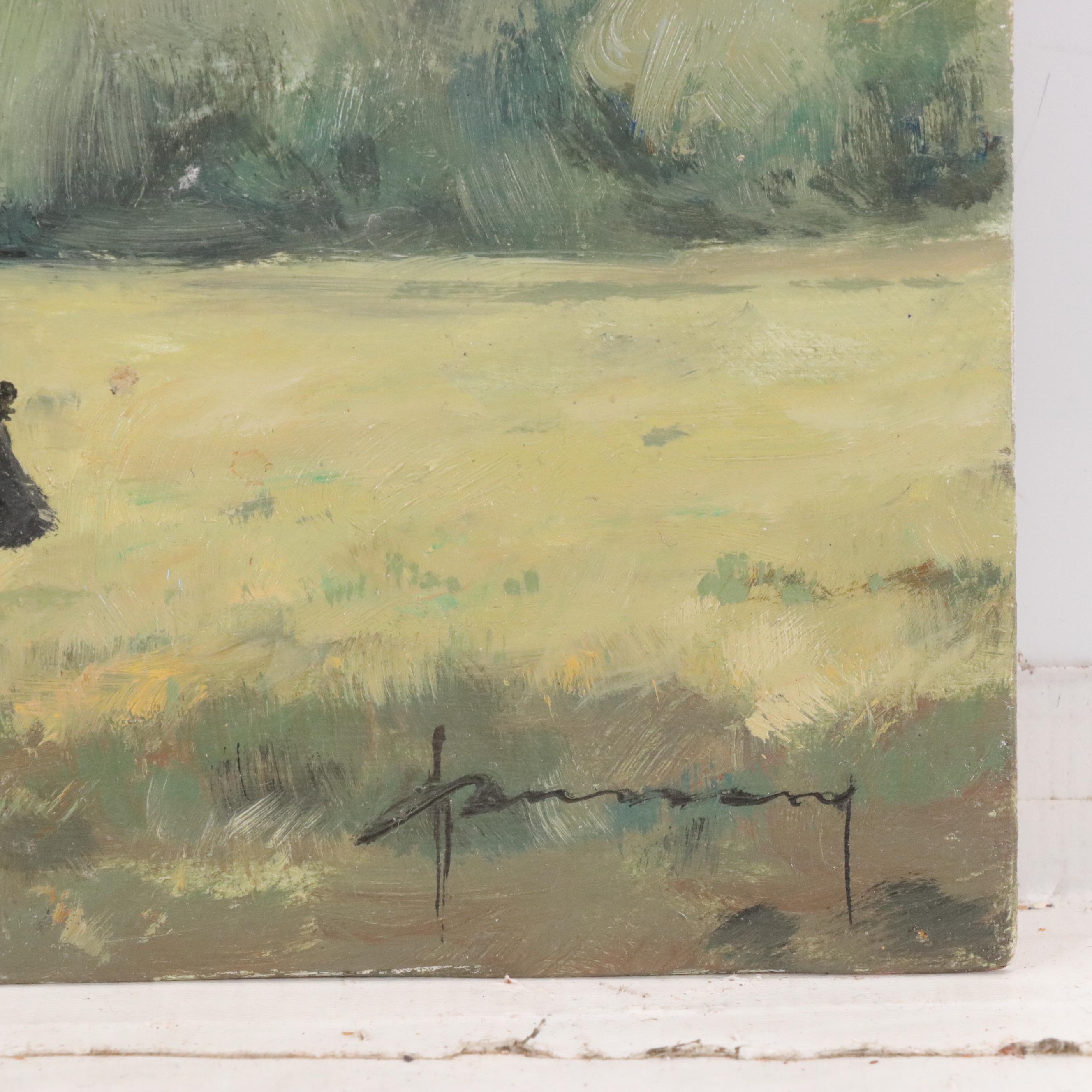 Jef Janssens Pasture Landscape with Cows Miniature Oil Painting