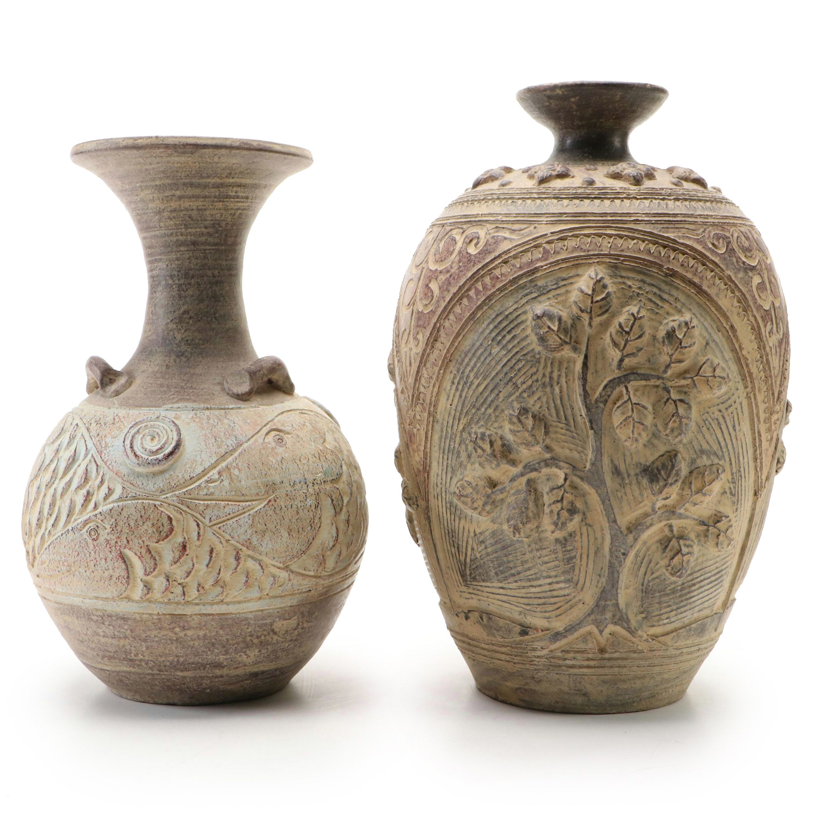 Sawankhalok Style Fish and Tree Themed Ceramic Vases