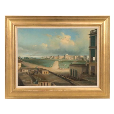 Cityscape Oil Painting "India Near Colombo," Early 20th Century Cityscape Oil Painting "India Near Colombo," Early 20th Century