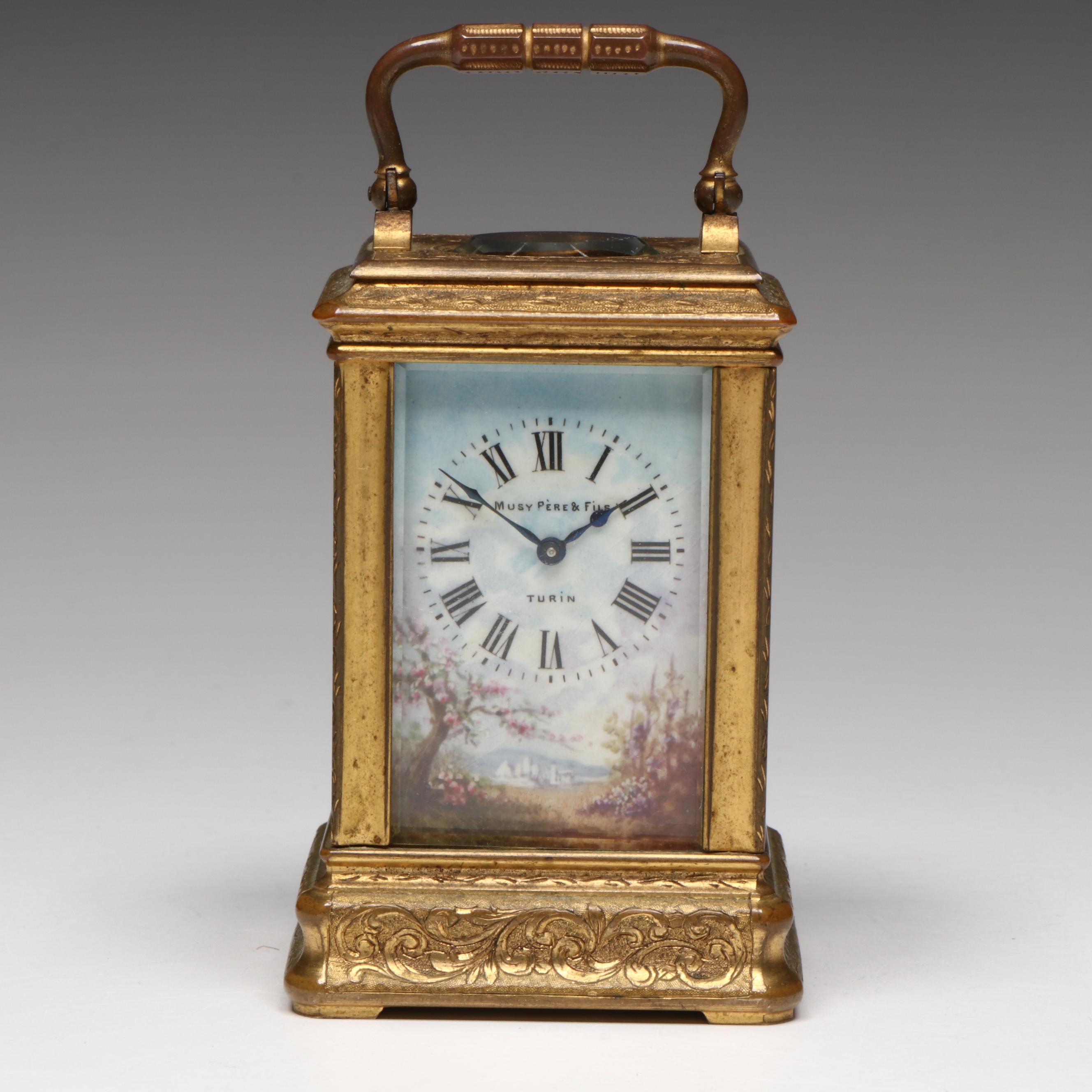 French Musy Père & Fils Gilt Bronze Carriage Clock with Travel Case