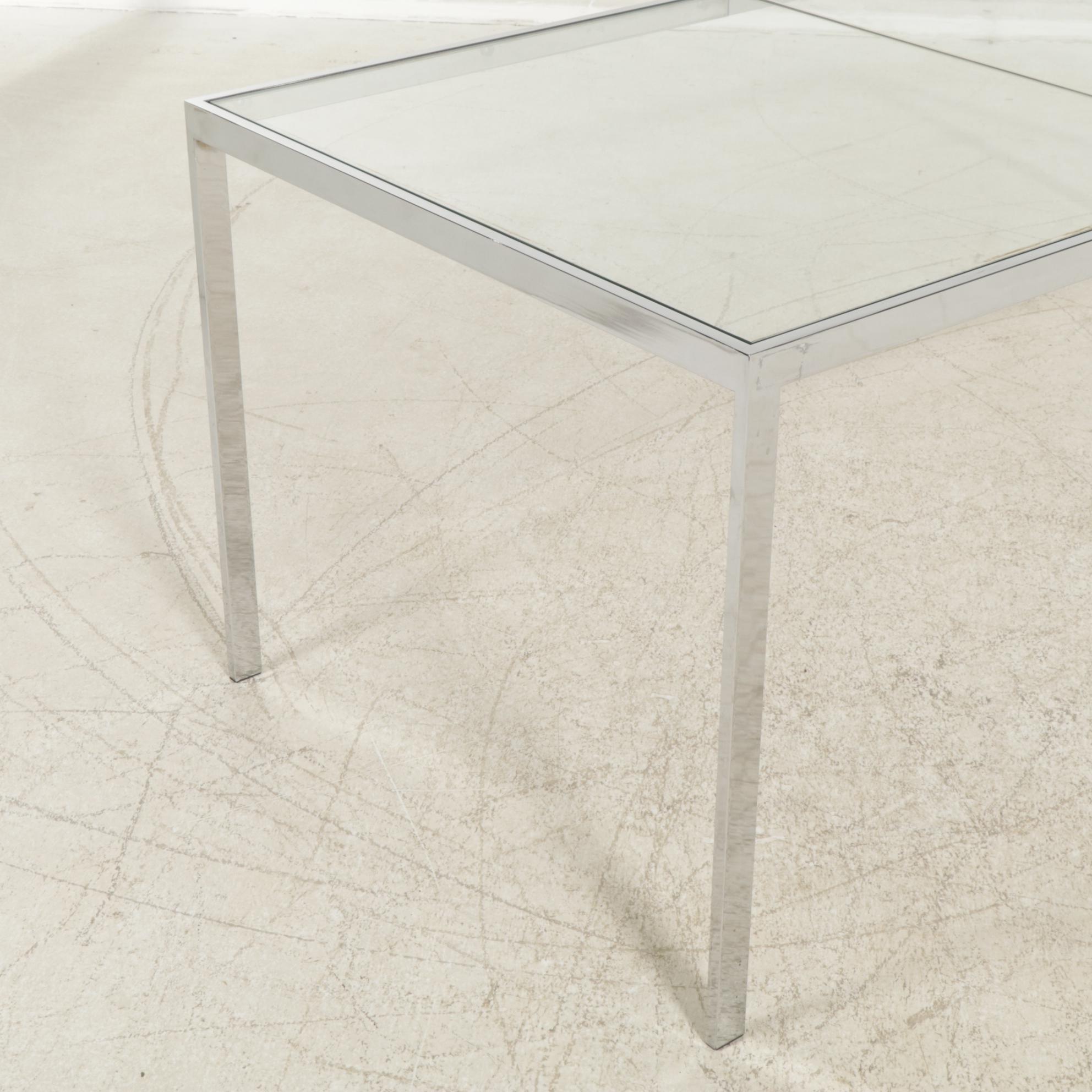 Modernist Chrome Finished Metal Glass-Top Dining Table