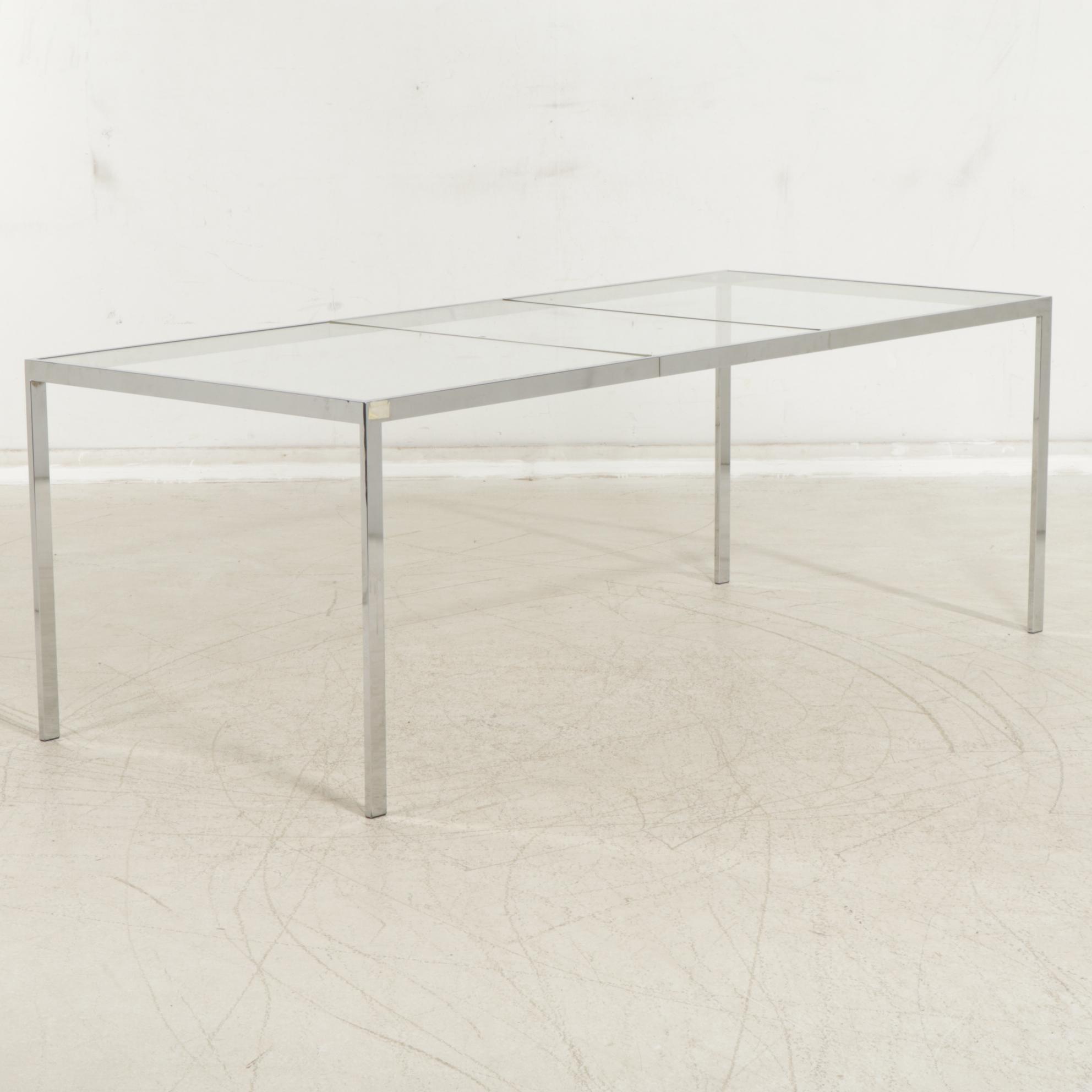 Modernist Chrome Finished Metal Glass-Top Dining Table