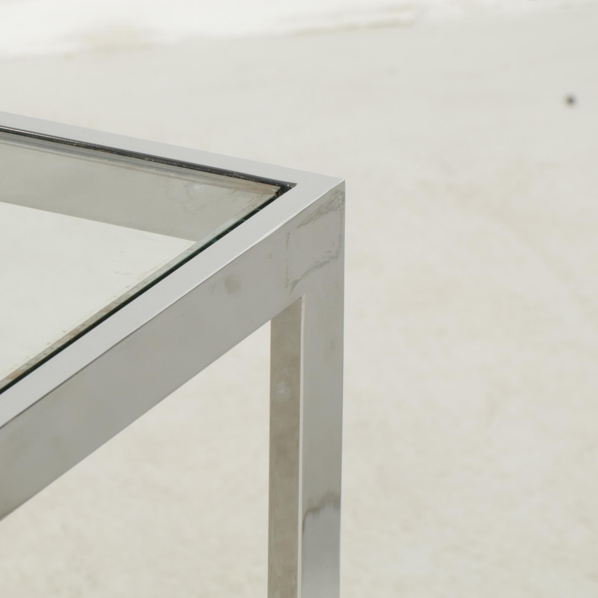 Modernist Chrome Finished Metal Glass-Top Dining Table