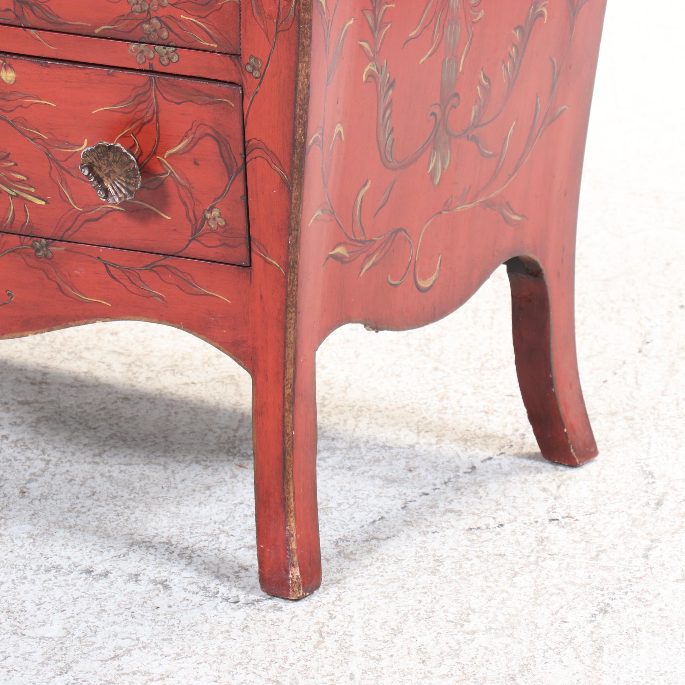 Louis XV Style Paint-Decorated and Parcel Gilt Three-Drawer Bombé Commode
