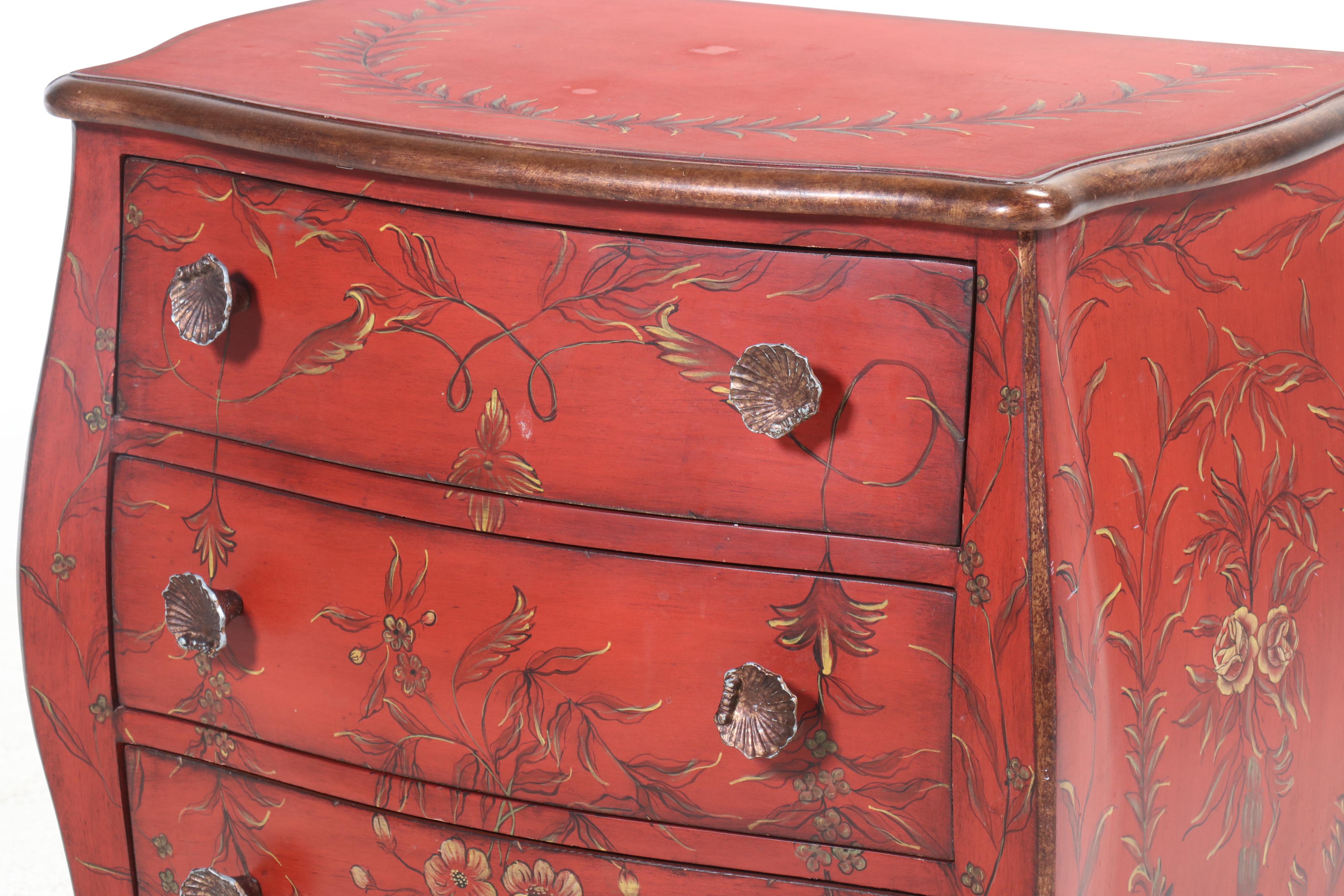 Louis XV Style Paint-Decorated and Parcel Gilt Three-Drawer Bombé Commode