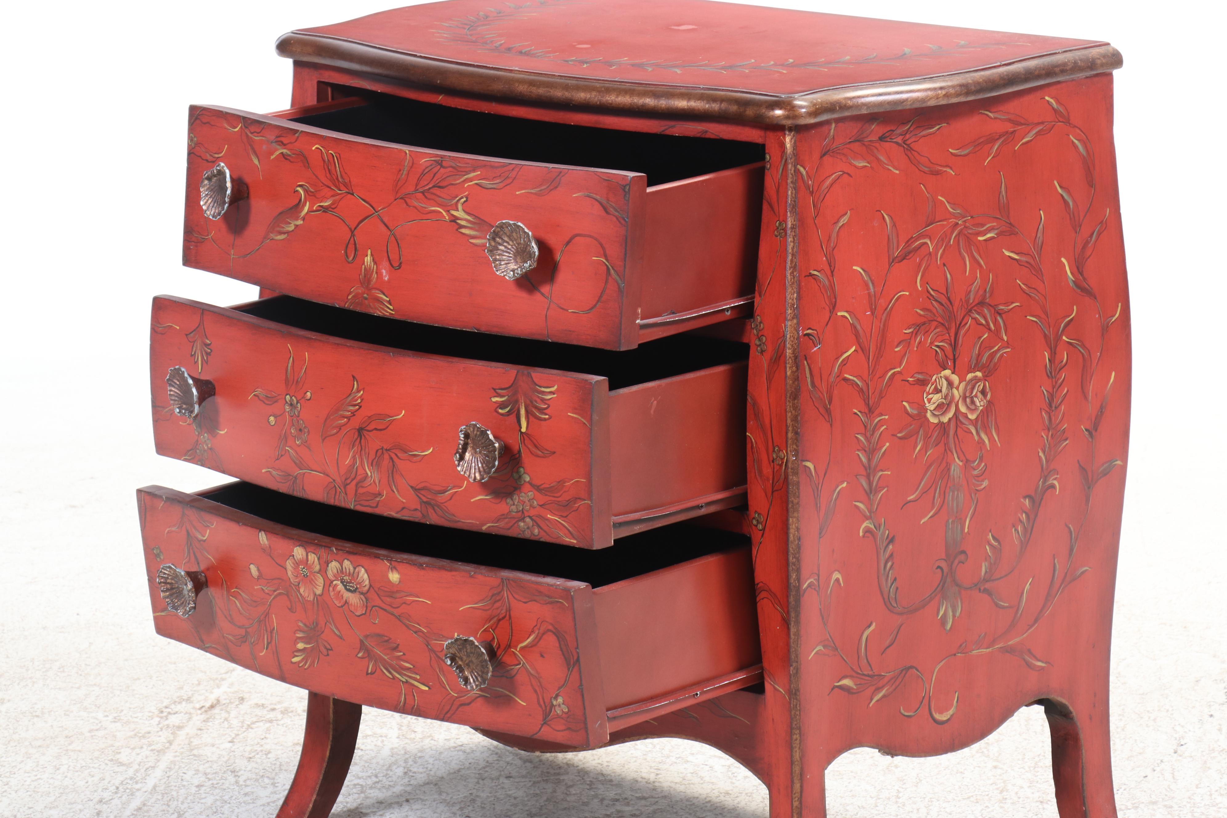 Louis XV Style Paint-Decorated and Parcel Gilt Three-Drawer Bombé Commode