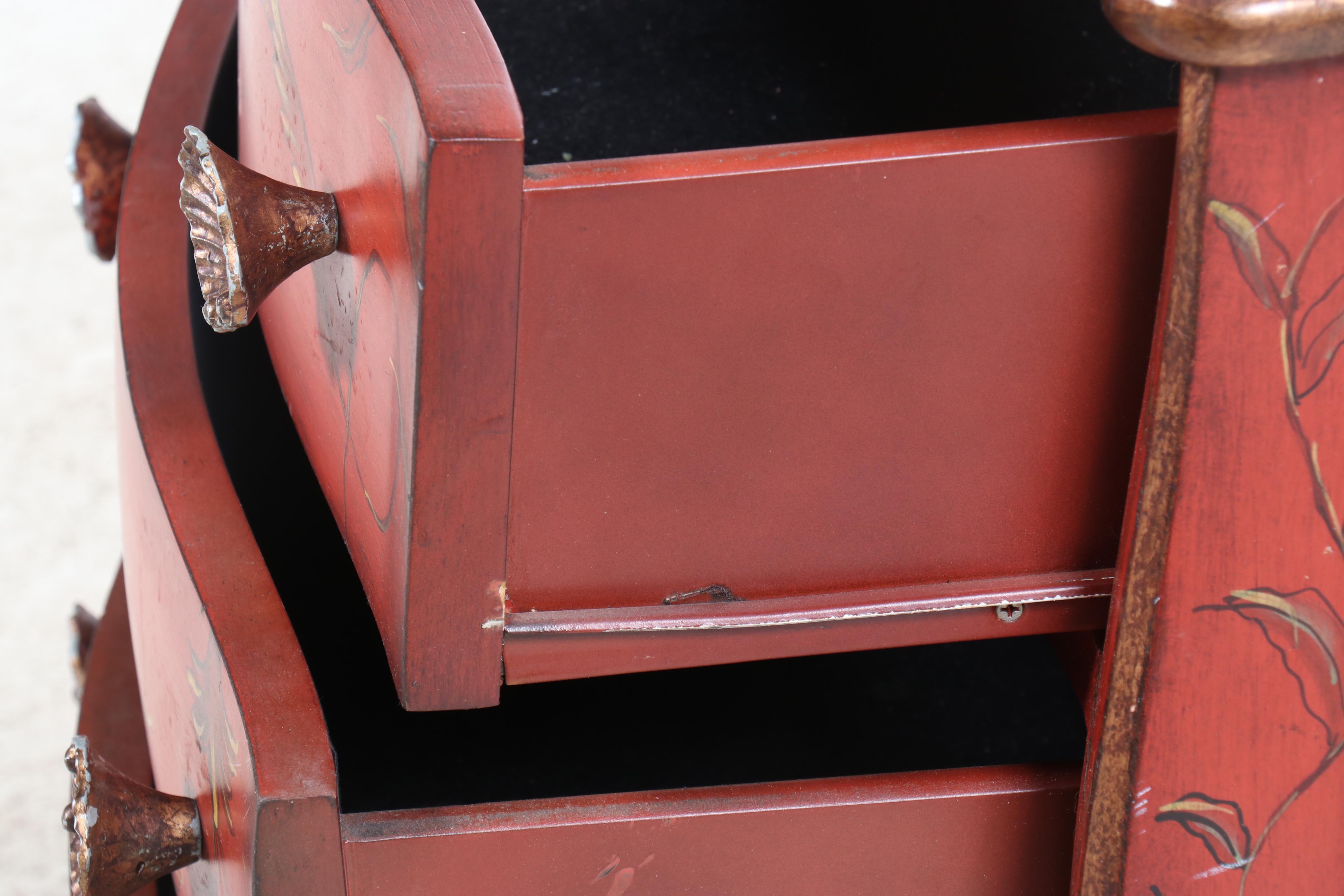 Louis XV Style Paint-Decorated and Parcel Gilt Three-Drawer Bombé Commode