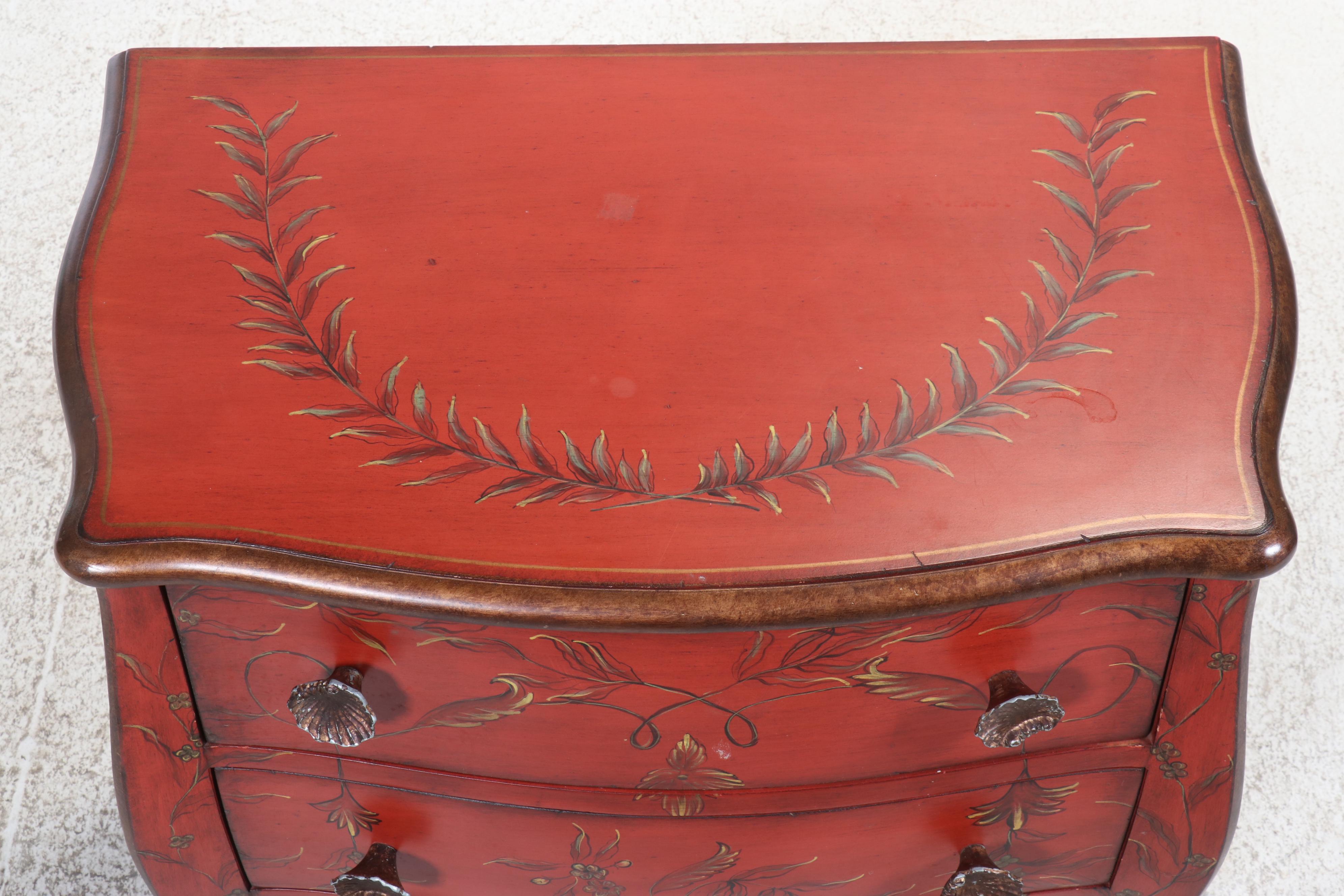 Louis XV Style Paint-Decorated and Parcel Gilt Three-Drawer Bombé Commode