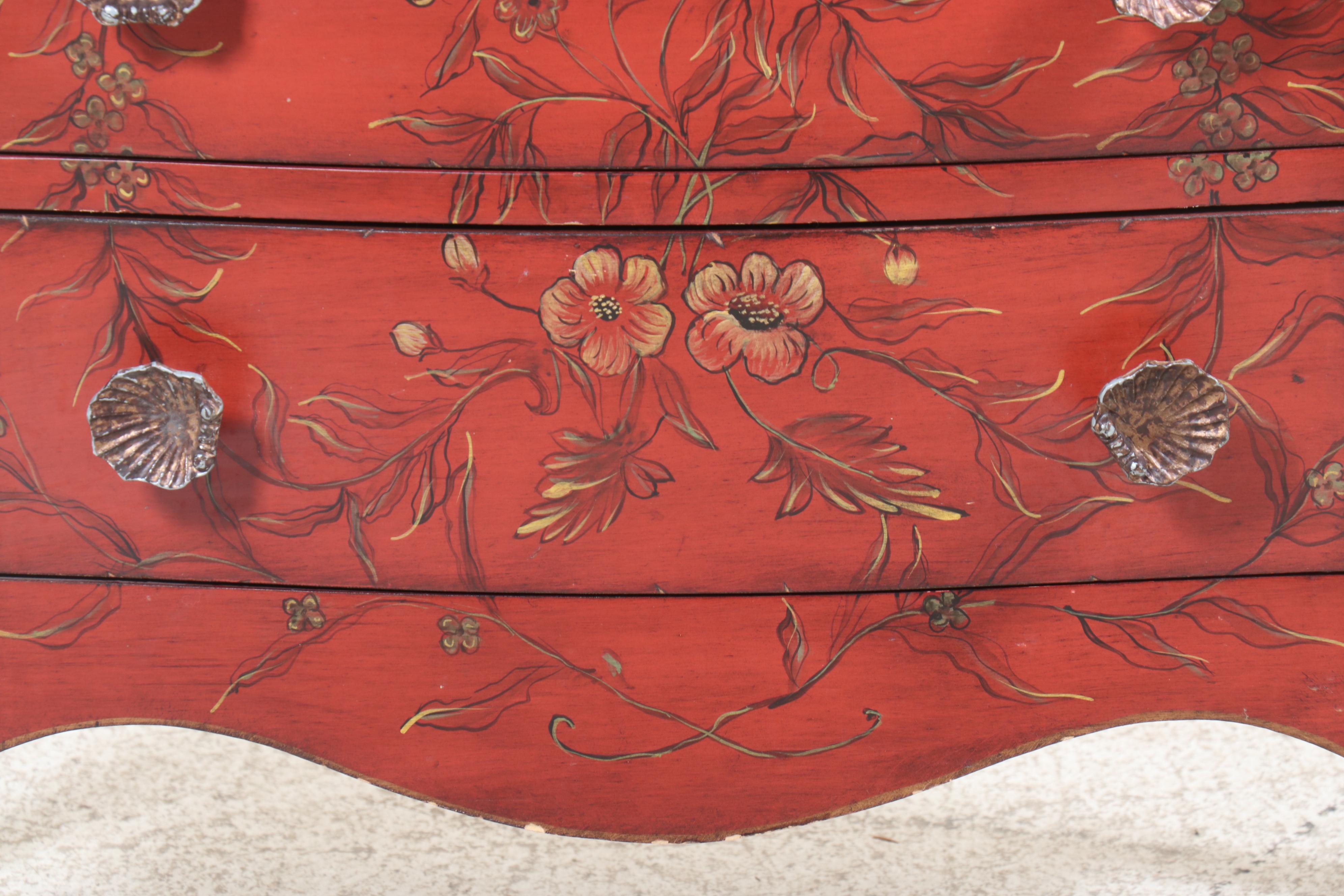 Louis XV Style Paint-Decorated and Parcel Gilt Three-Drawer Bombé Commode