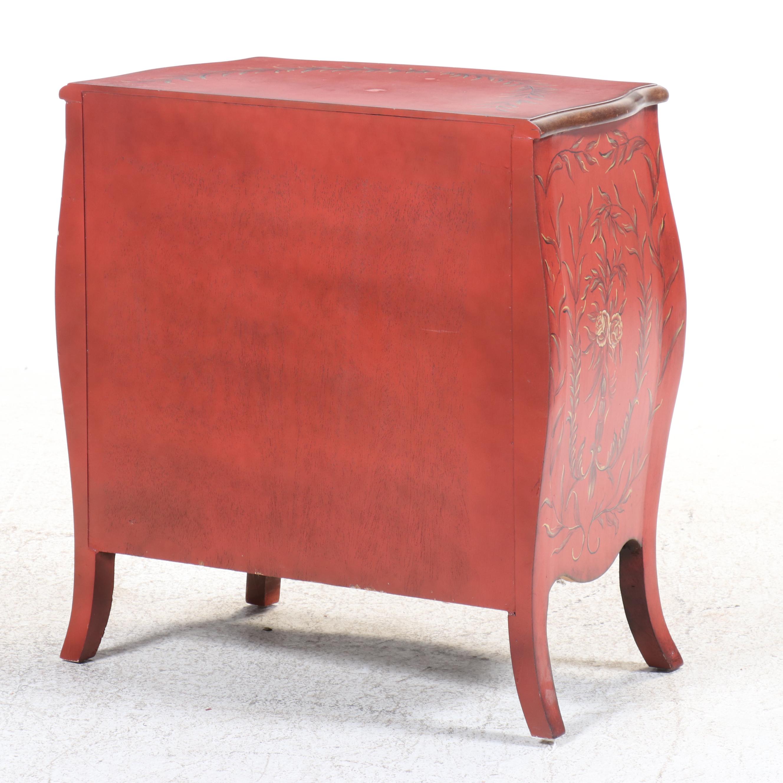 Louis XV Style Paint-Decorated and Parcel Gilt Three-Drawer Bombé Commode