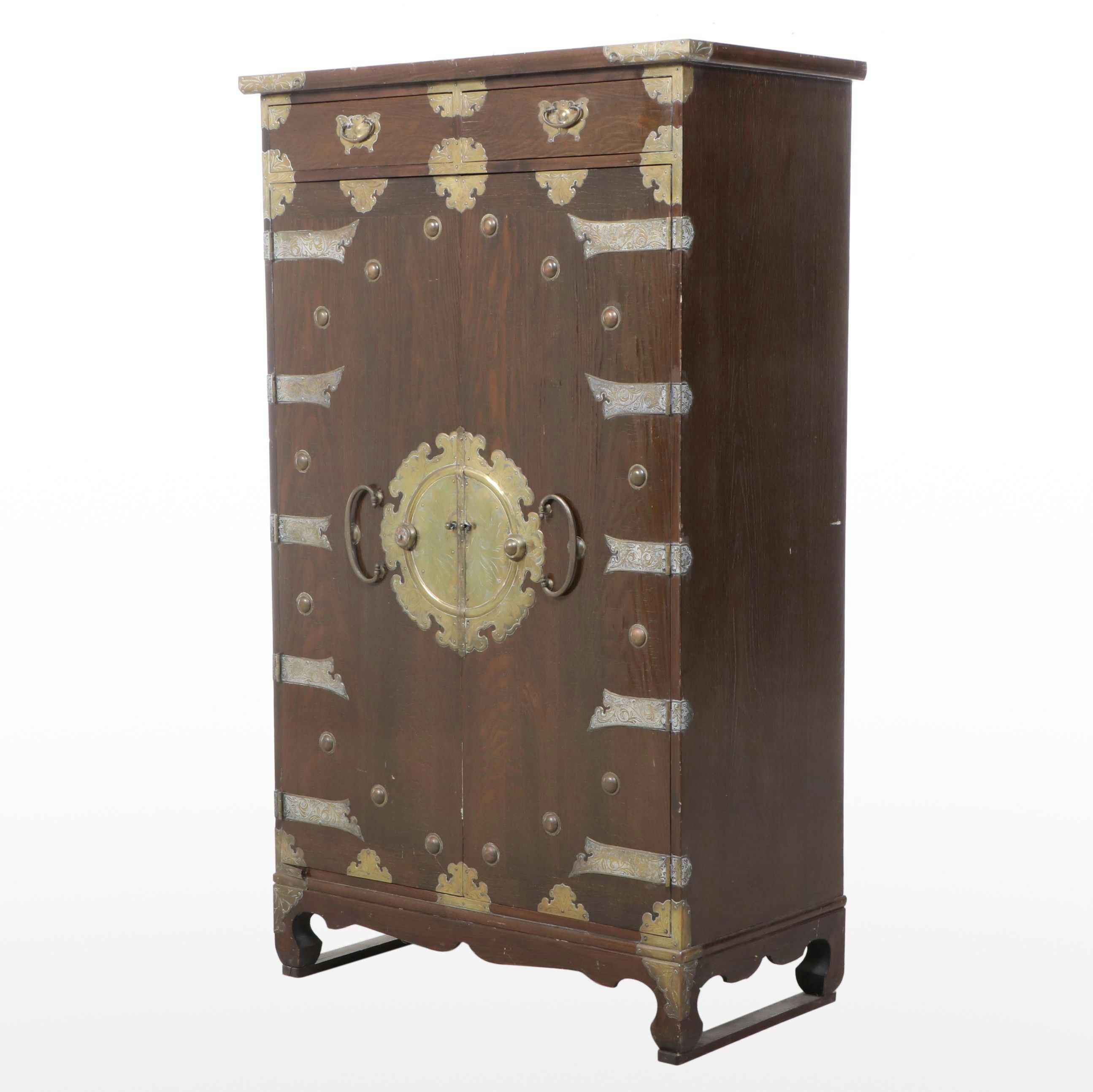 Korean Brass-Mounted Elm Enclosed Fall-Front Desk