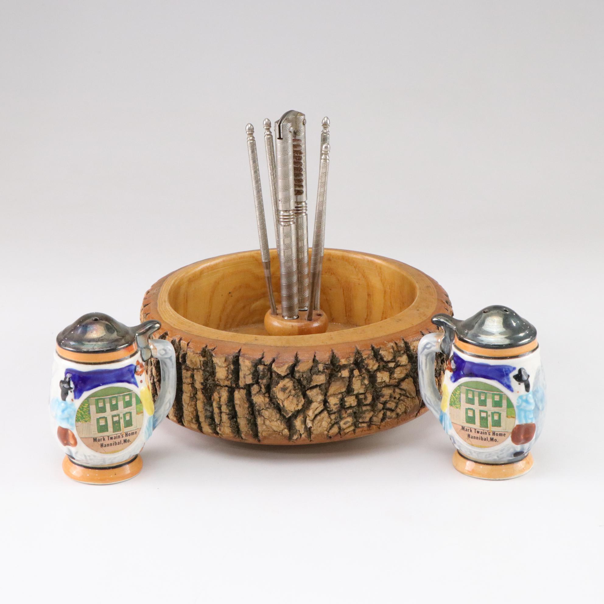 Lacquered Wooden Nut Bowl with Crackers, Picks and Other Ceramic Salt Shaker
