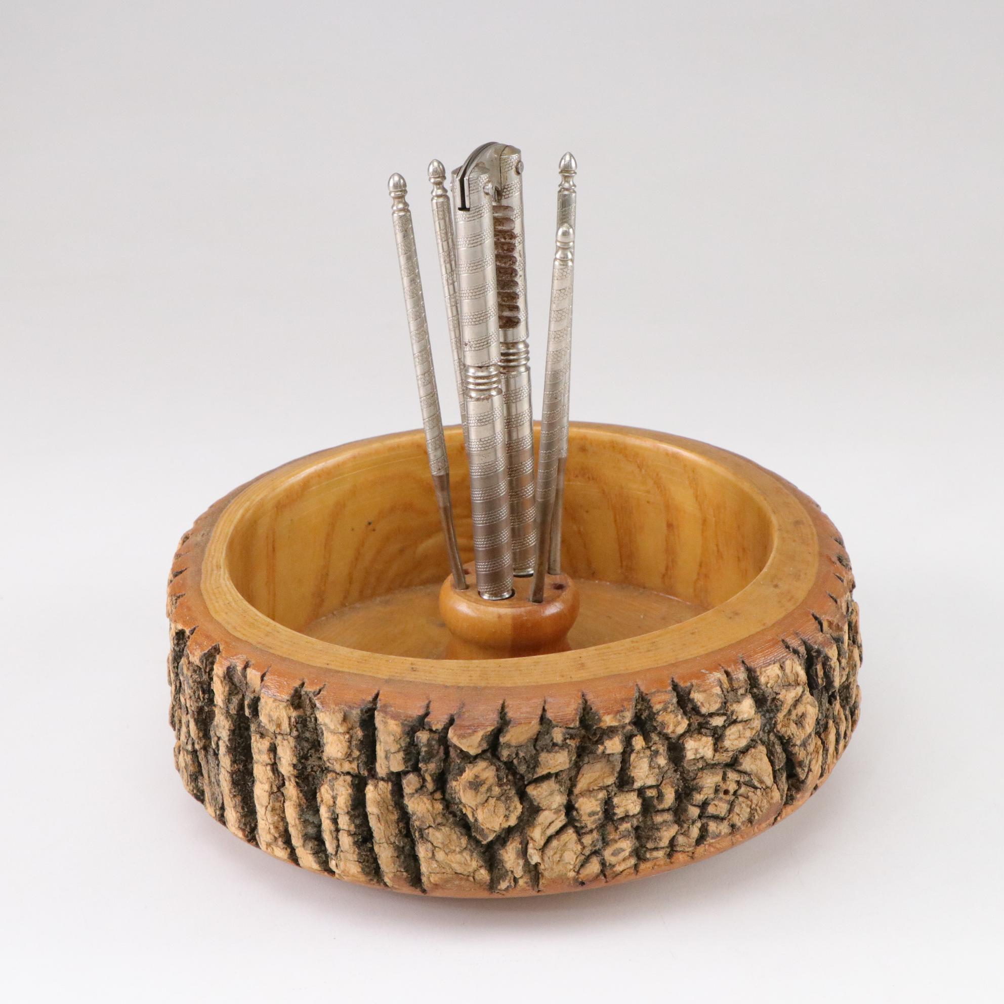 Lacquered Wooden Nut Bowl with Crackers, Picks and Other Ceramic Salt Shaker