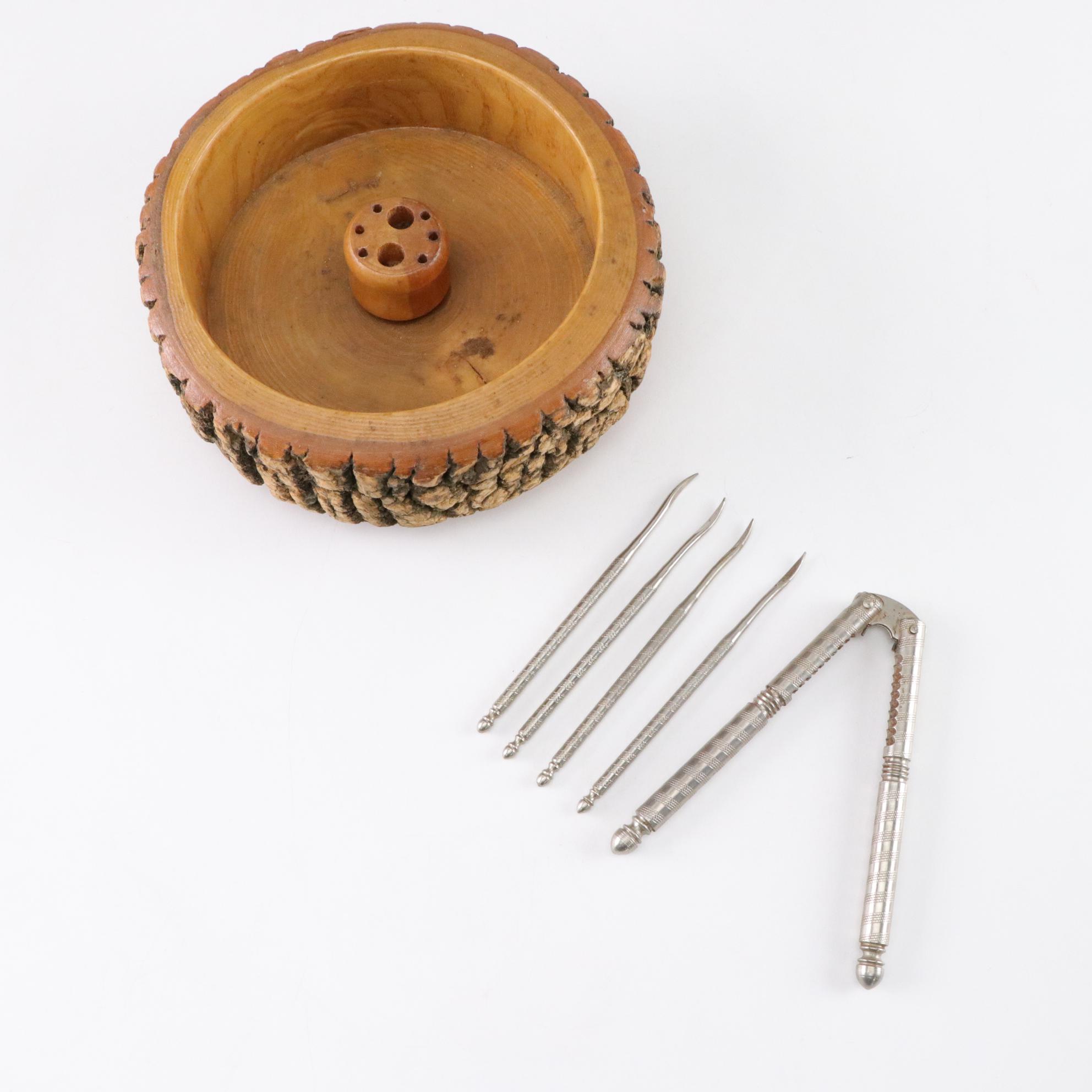 Lacquered Wooden Nut Bowl with Crackers, Picks and Other Ceramic Salt Shaker