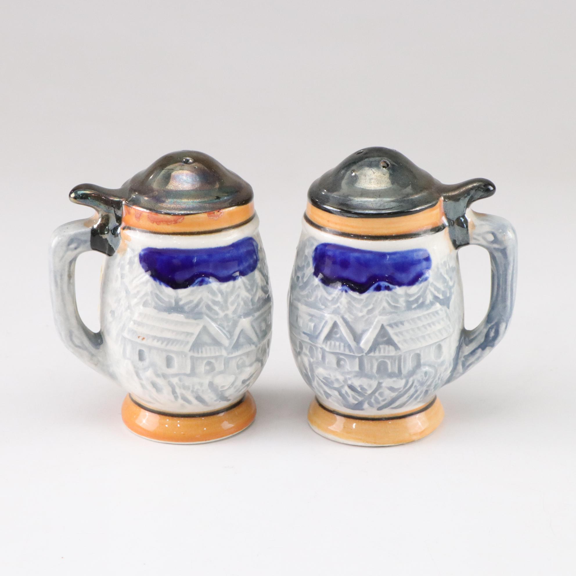 Lacquered Wooden Nut Bowl with Crackers, Picks and Other Ceramic Salt Shaker