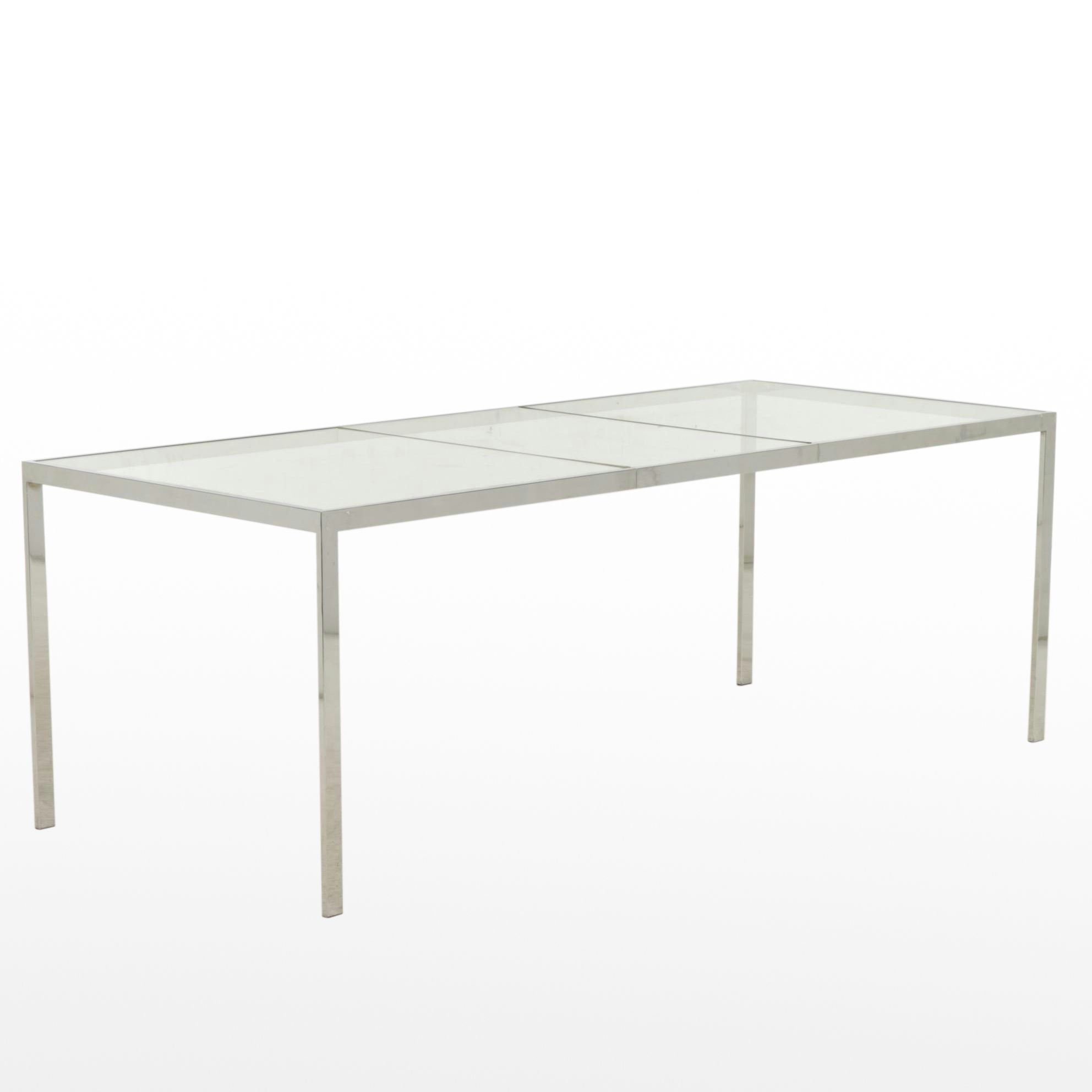 Modernist Chrome Finished Metal Glass-Top Dining Table